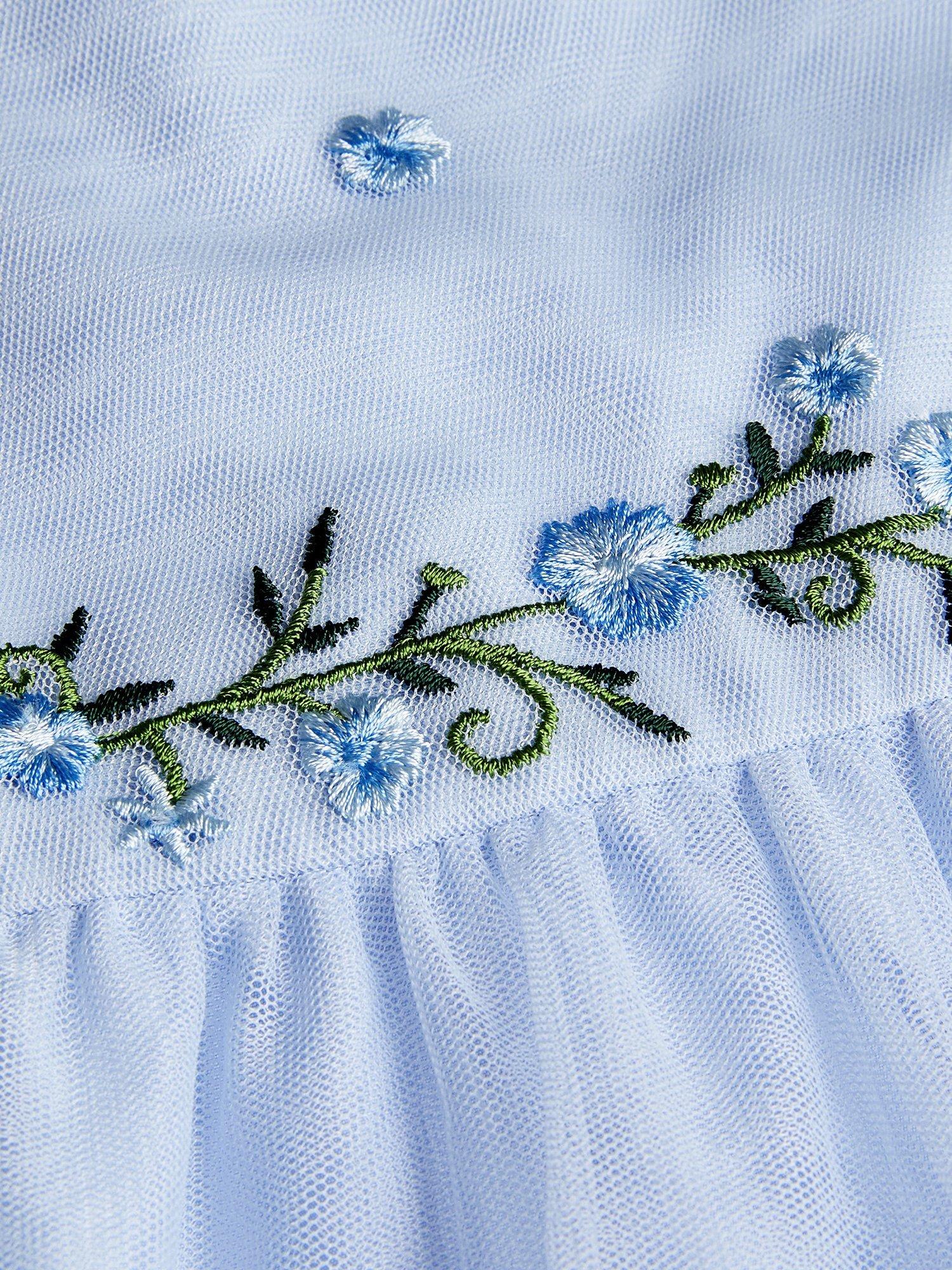Product image 4 of 5, which shows Monsoon Kids' Thea Floral Embroidered Tiered Dress, Blue, 3 years