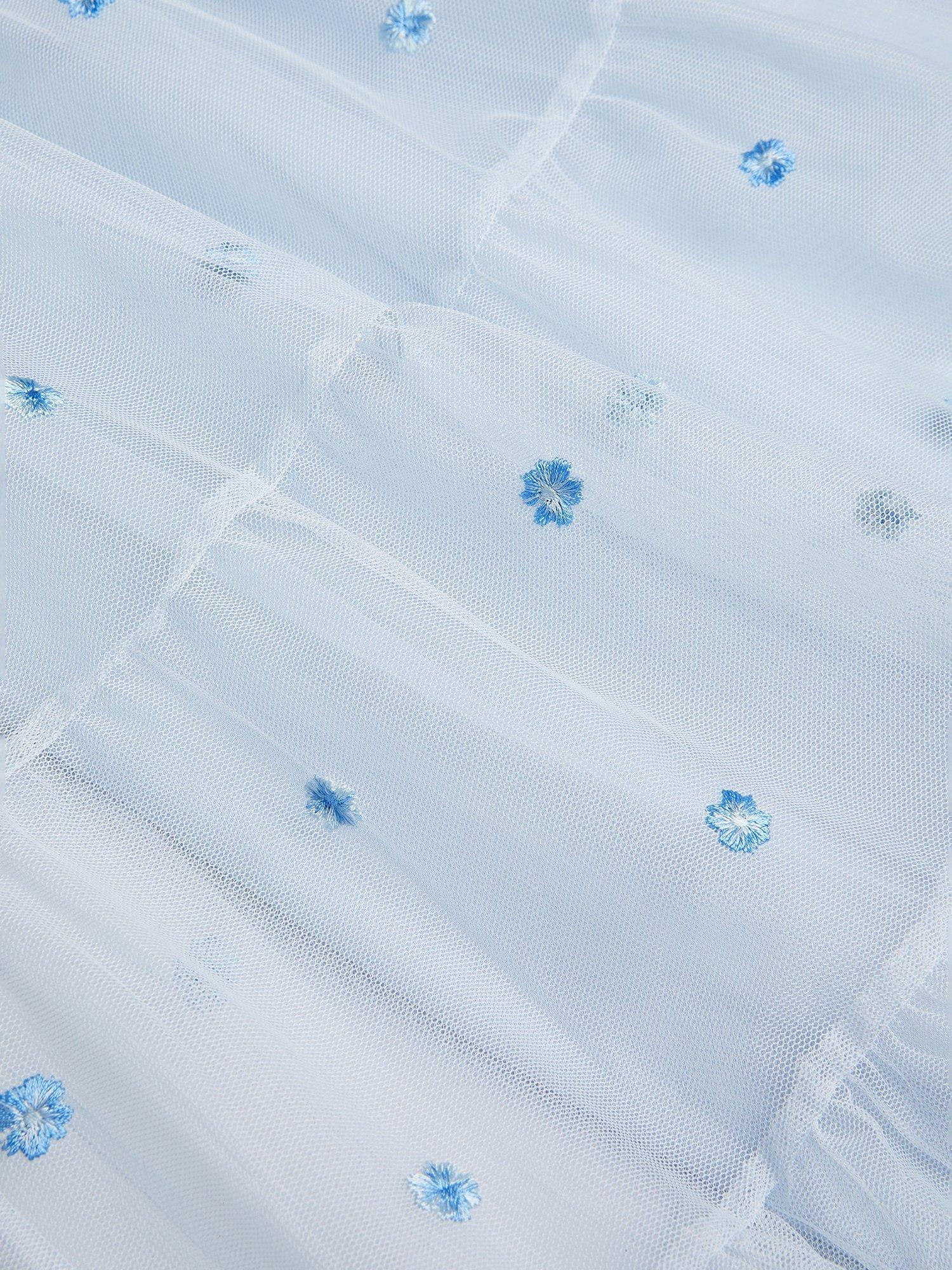 Product image 5 of 5, which shows Monsoon Kids' Thea Floral Embroidered Tiered Dress, Blue, 3 years