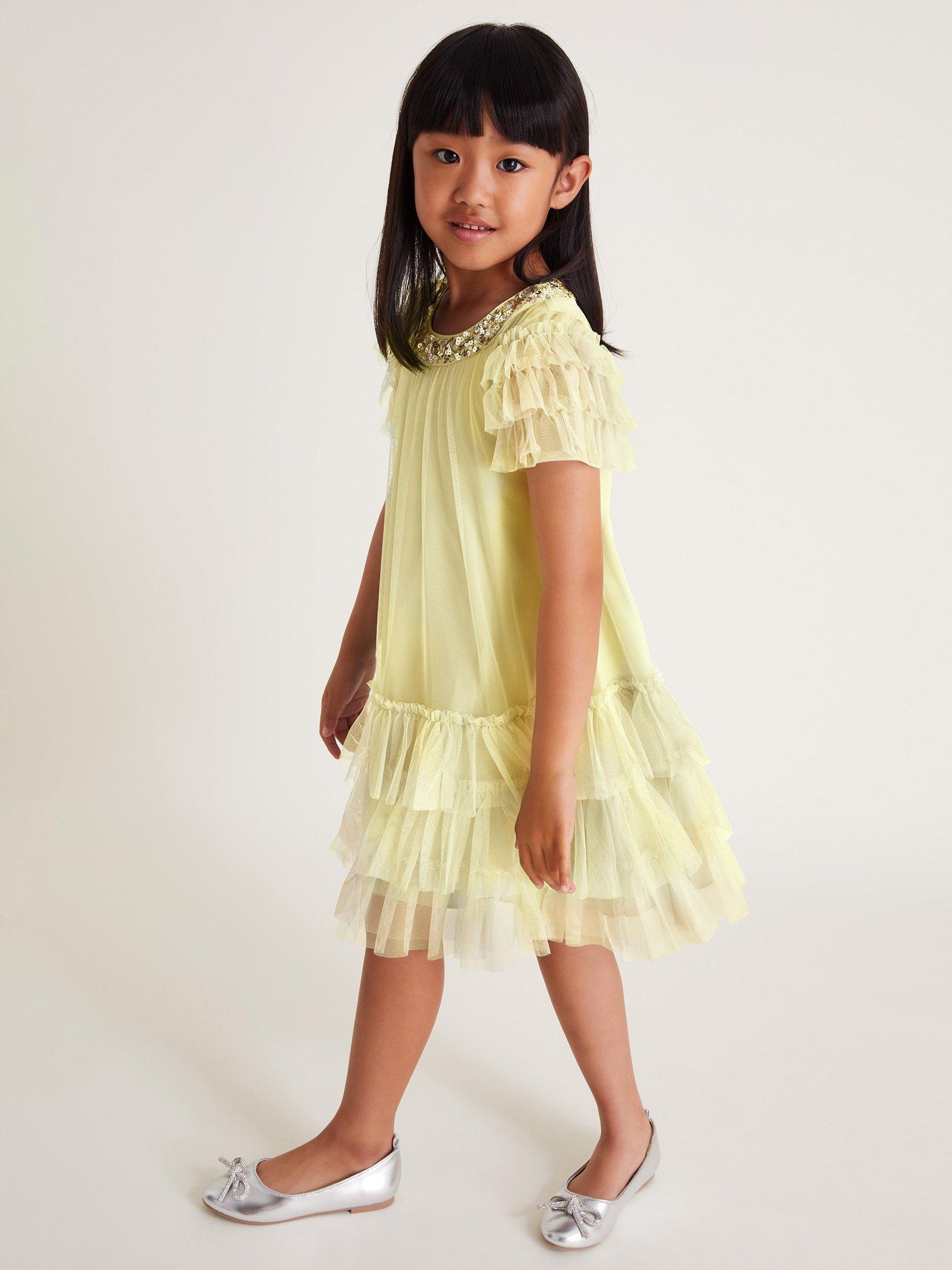 Product image 1 of 4, which shows Monsoon Kids' Alexandria Sequin Ruffle Tulle Swing Dress, Lemon, 3 years