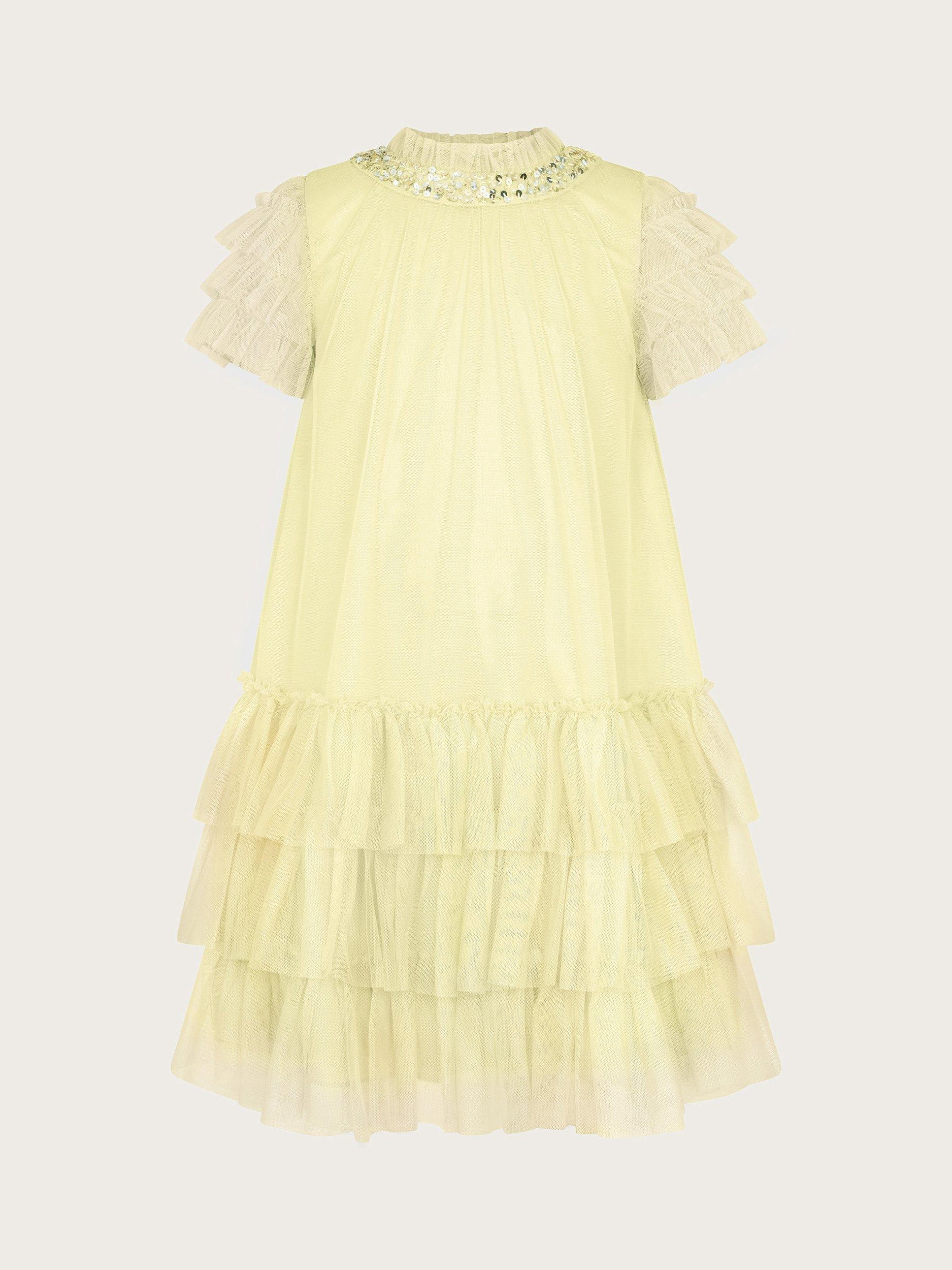 Product image 2 of 4, which shows Monsoon Kids' Alexandria Sequin Ruffle Tulle Swing Dress, Lemon, 3 years