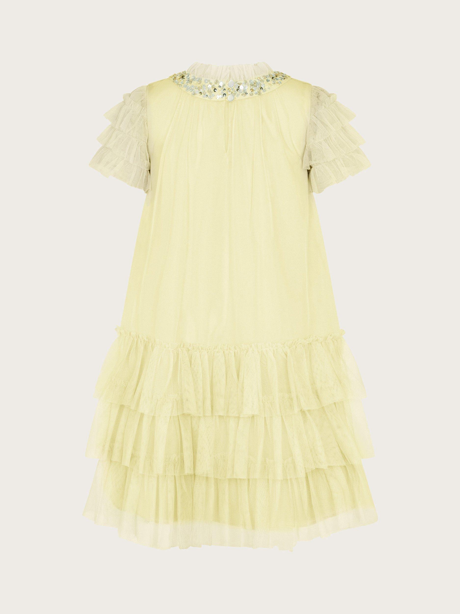 Product image 3 of 4, which shows Monsoon Kids' Alexandria Sequin Ruffle Tulle Swing Dress, Lemon, 3 years