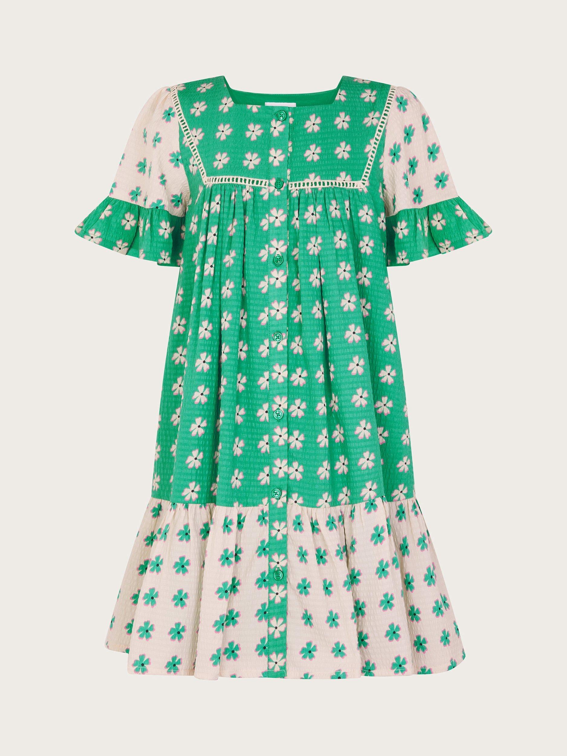Product image 1 of 3, which shows Monsoon Kids' Colourblock Dress, Green/Cream, 3-4 years
