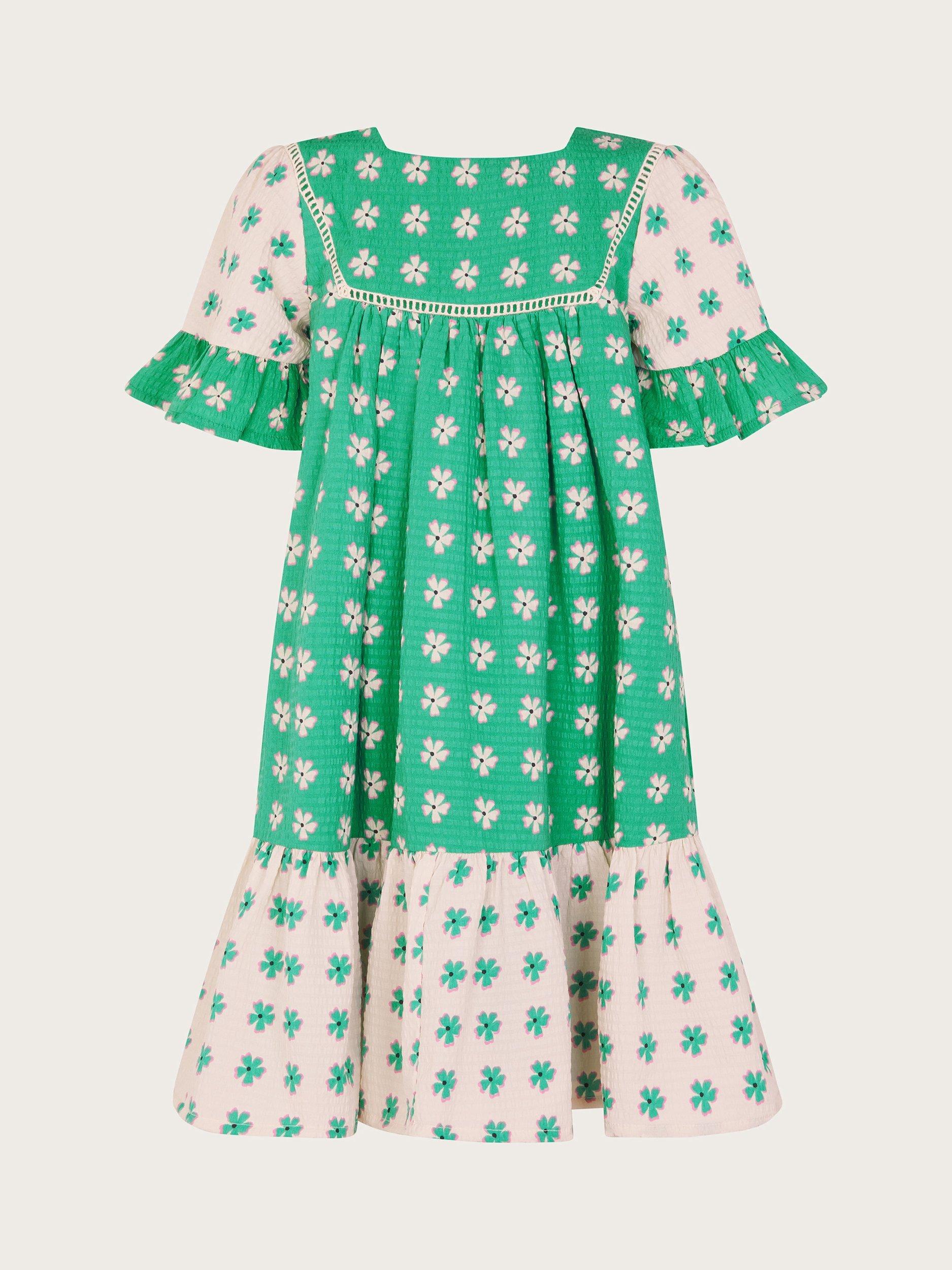 Product image 2 of 3, which shows Monsoon Kids' Colourblock Dress, Green/Cream, 3-4 years