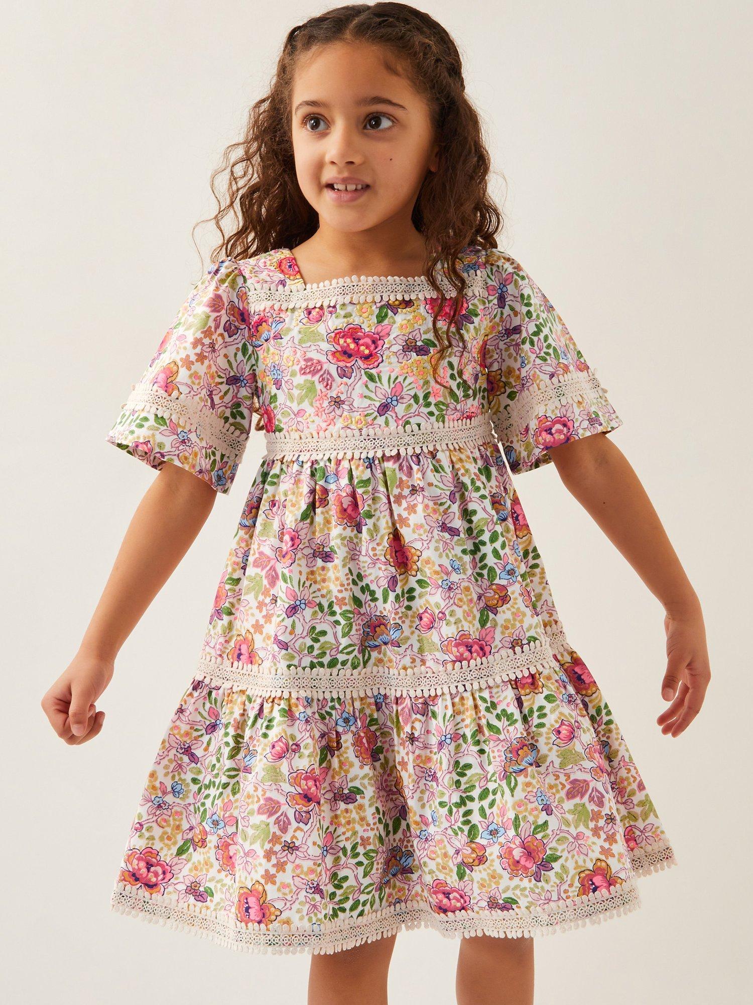 Product image 1 of 4, which shows Monsoon Kids' Floral Party Tiered Dress, Ivory/Multi, 14-15 years