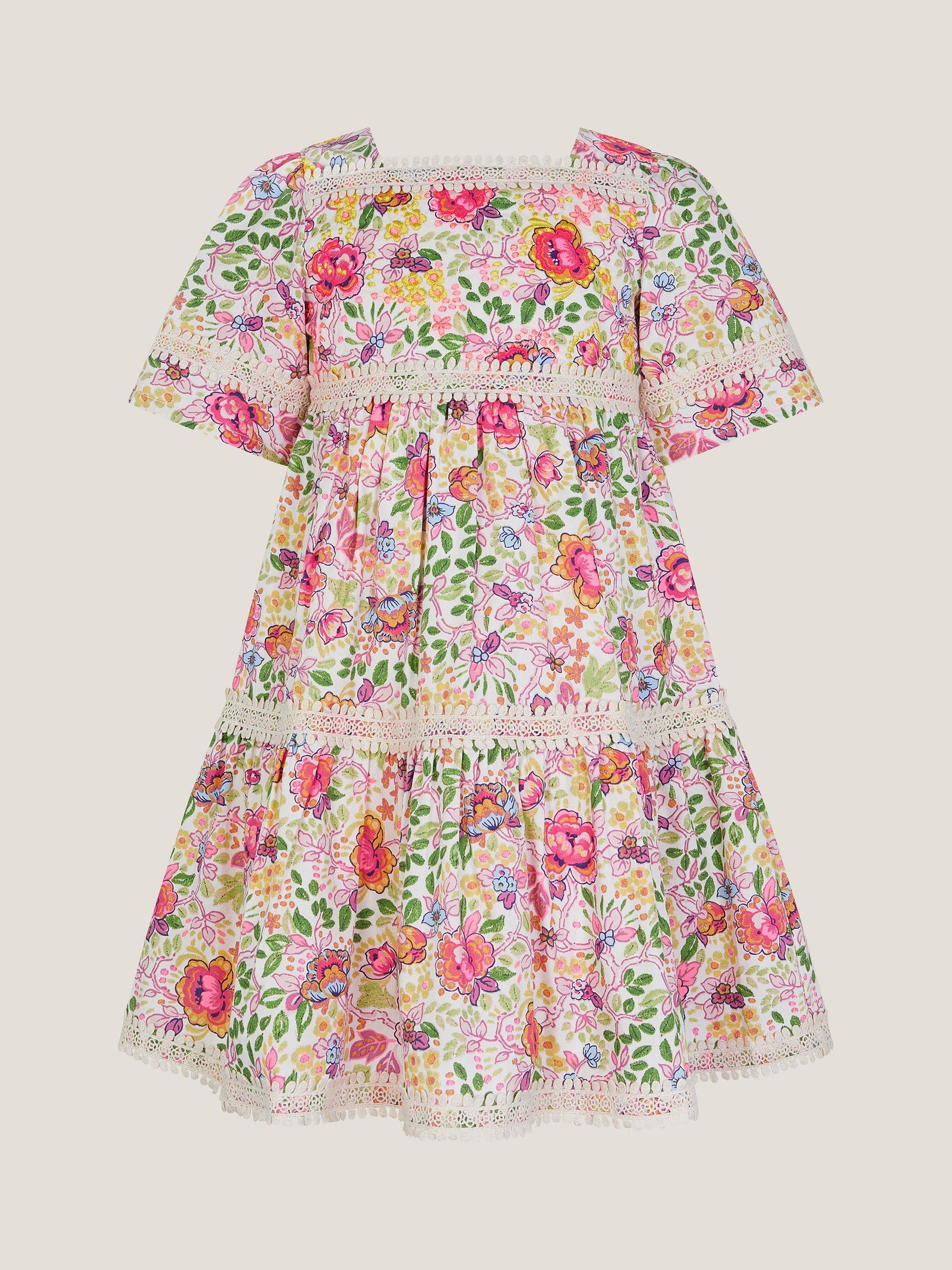 Product image 2 of 4, which shows Monsoon Kids' Floral Party Tiered Dress, Ivory/Multi, 14-15 years