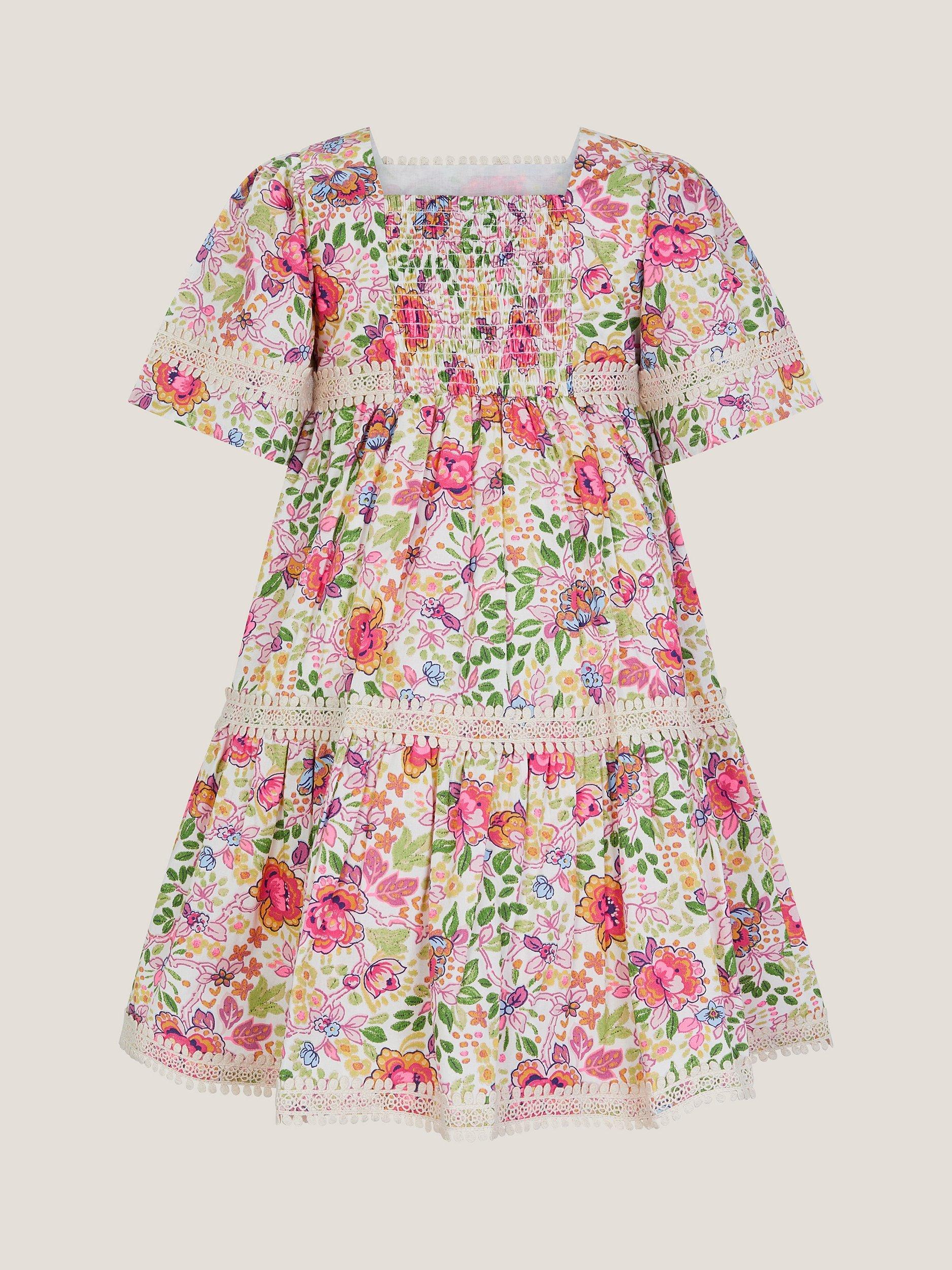Product image 3 of 4, which shows Monsoon Kids' Floral Party Tiered Dress, Ivory/Multi, 14-15 years