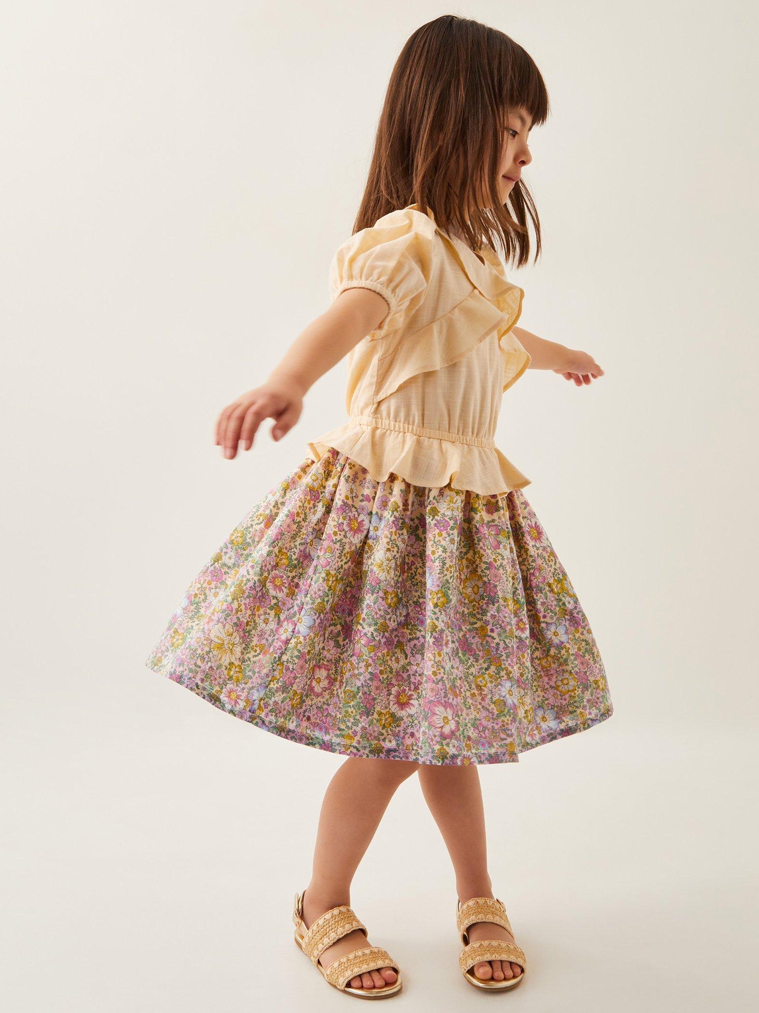 Product image 1 of 4, which shows Monsoon Kids' Frilly Floral Dress, Yellow, 4 years