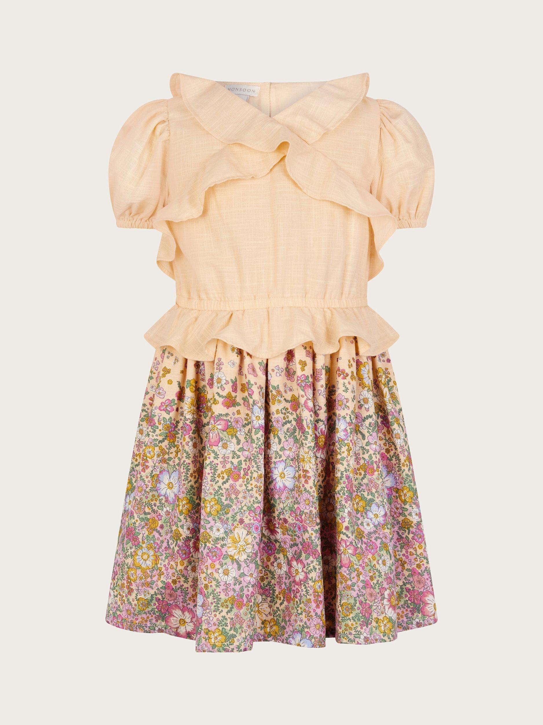 Product image 2 of 4, which shows Monsoon Kids' Frilly Floral Dress, Yellow, 4 years