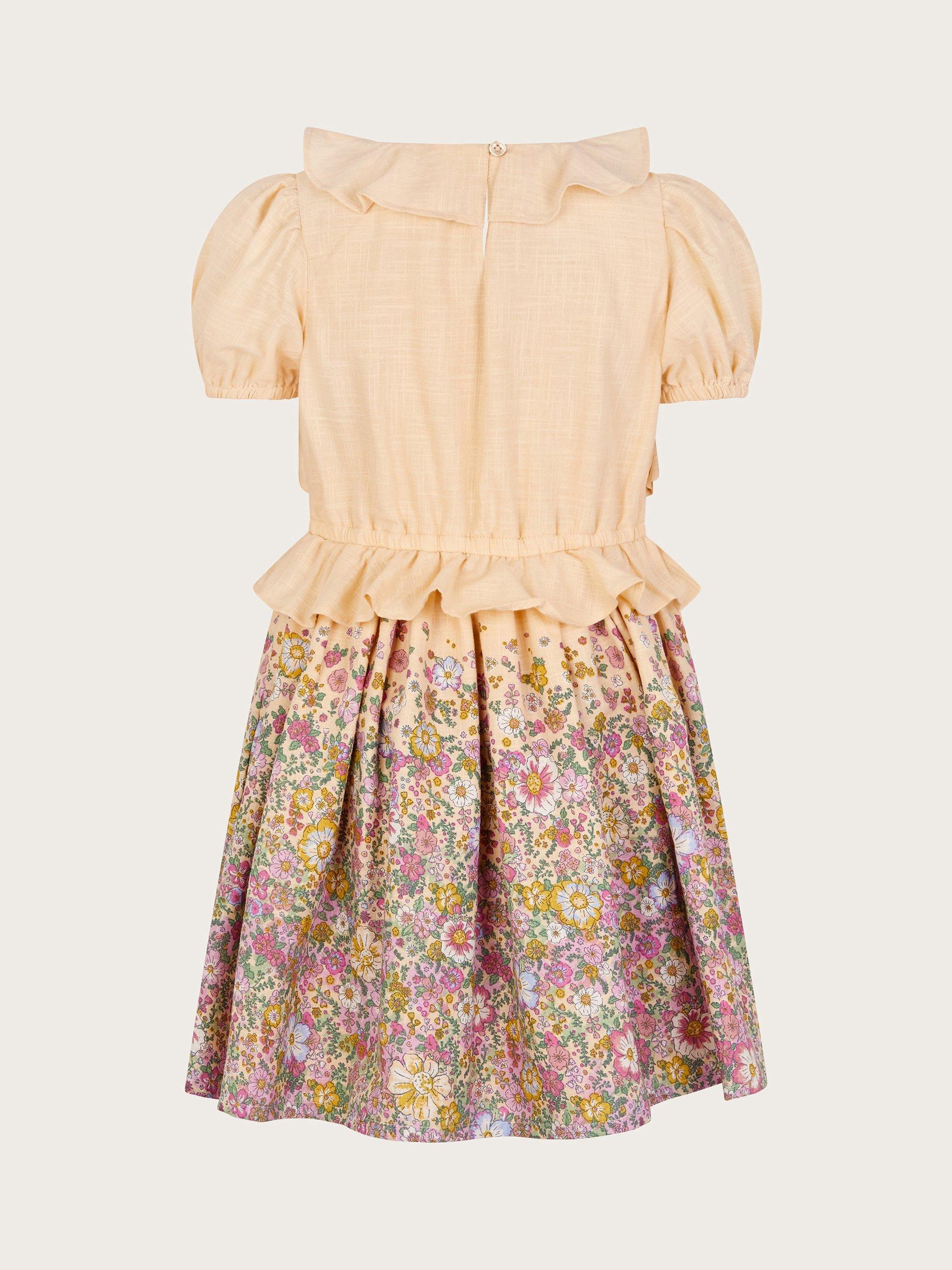 Product image 3 of 4, which shows Monsoon Kids' Frilly Floral Dress, Yellow, 4 years