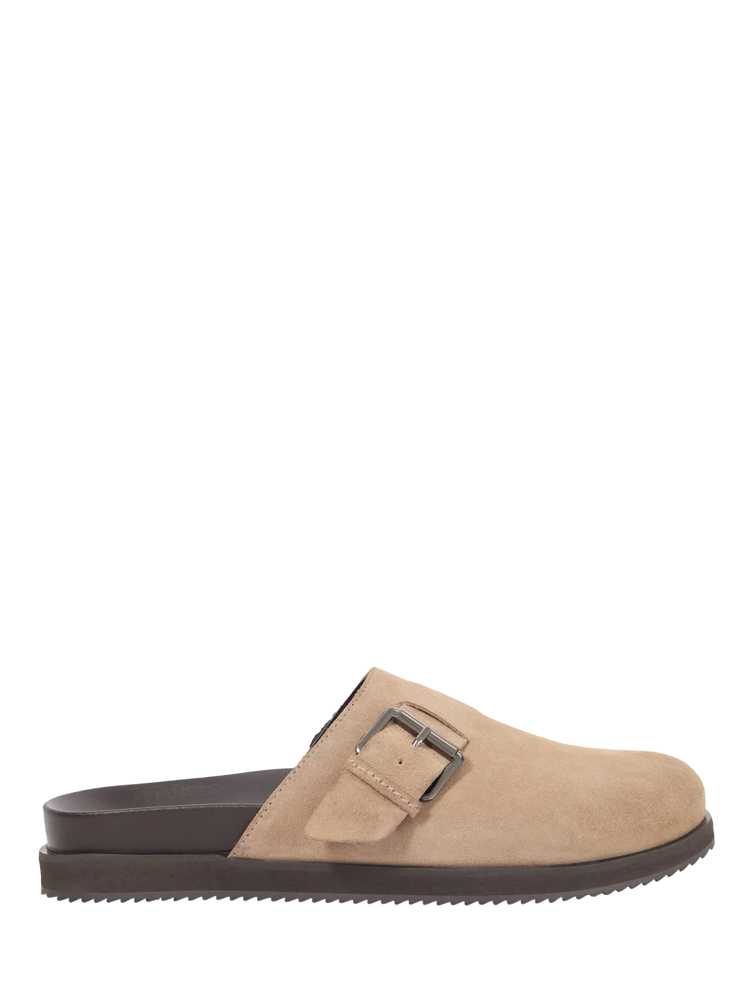 Product image 1 of 5, which shows Dune London Baldwin Suede Buckle Detail Clogs, Taupe, 6