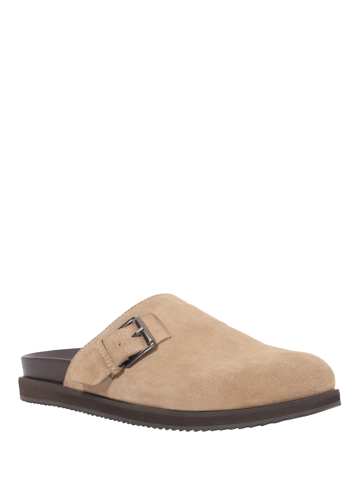 Product image 2 of 5, which shows Dune London Baldwin Suede Buckle Detail Clogs, Taupe, 6
