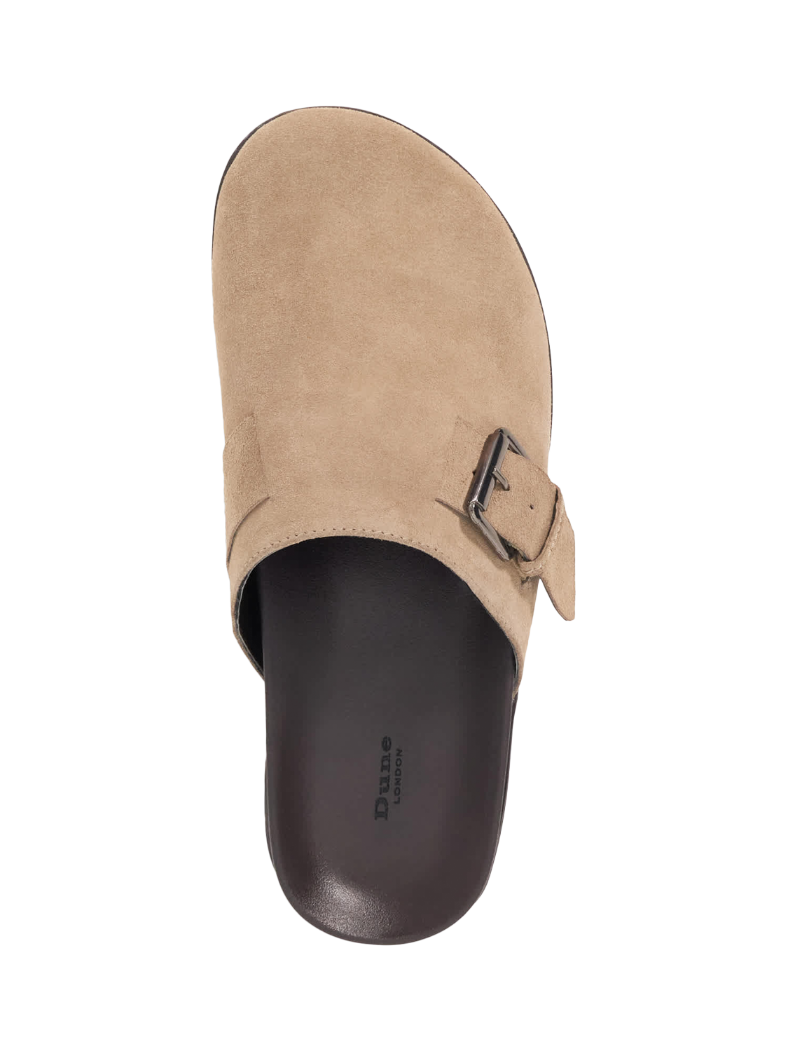 Product image 4 of 5, which shows Dune London Baldwin Suede Buckle Detail Clogs, Taupe, 6
