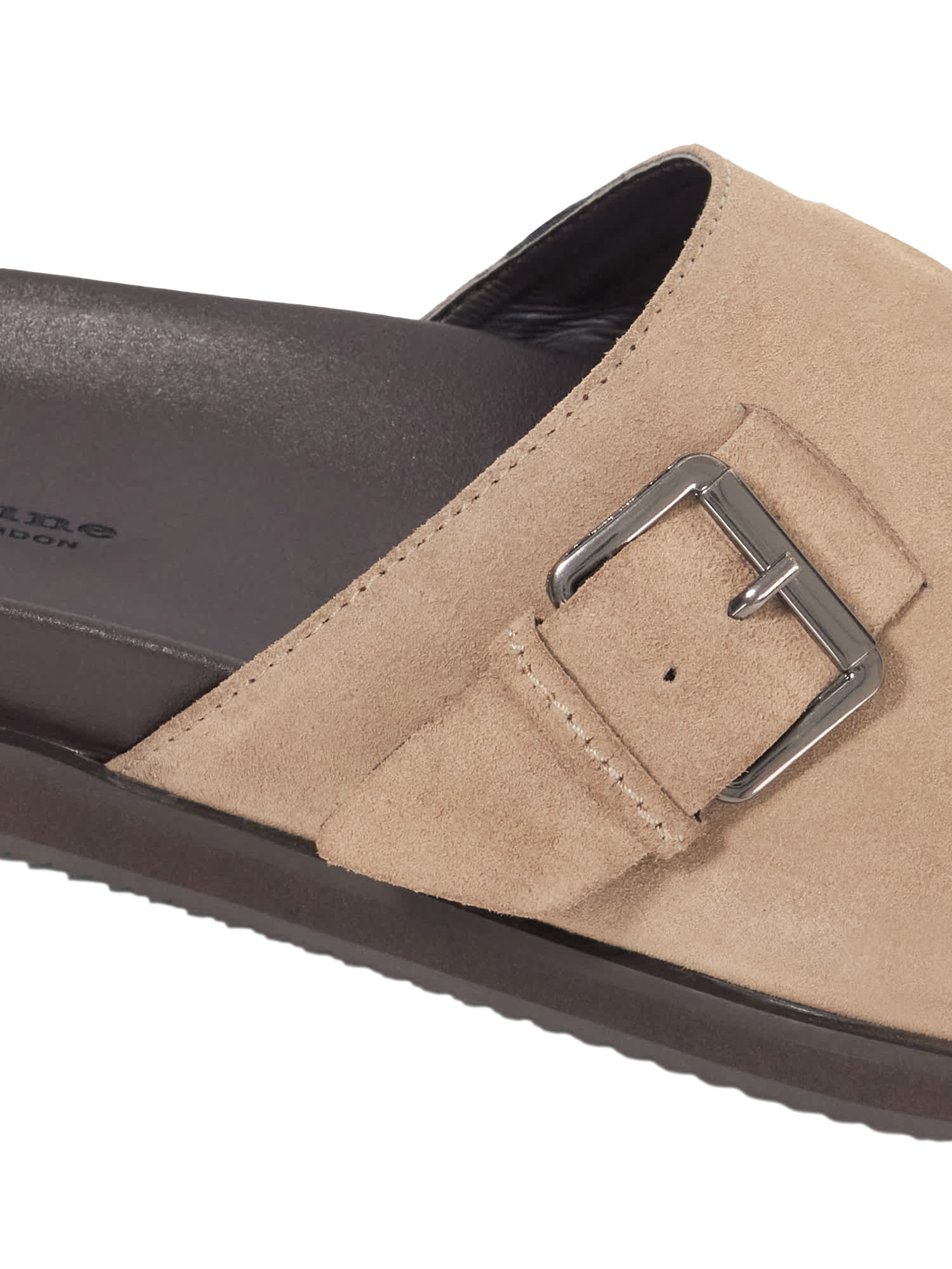 Product image 5 of 5, which shows Dune London Baldwin Suede Buckle Detail Clogs, Taupe, 6