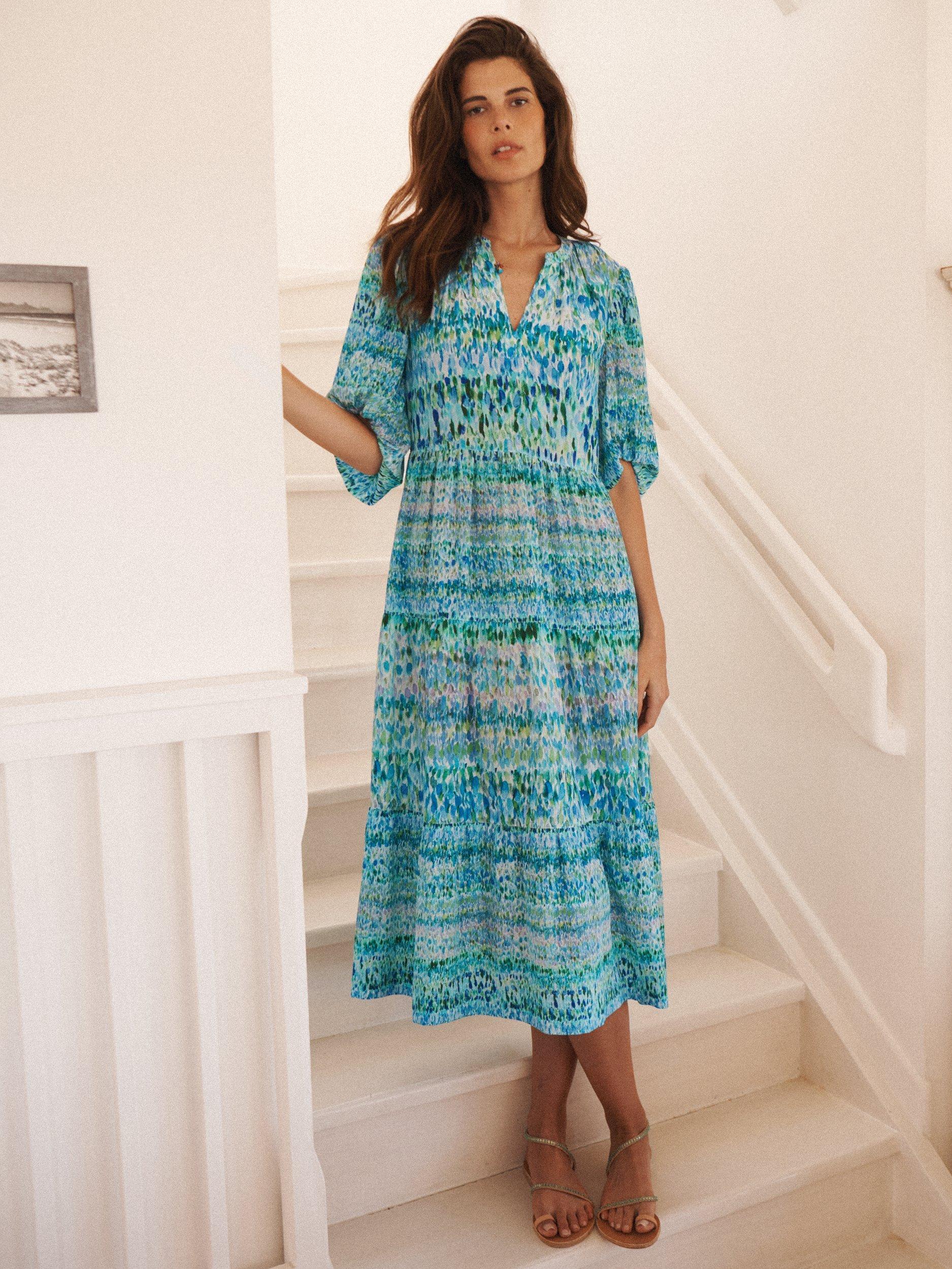 Product image 1 of 8, which shows NRBY Cora Watercolour Splash Pure Silk Dress, Multi, XS