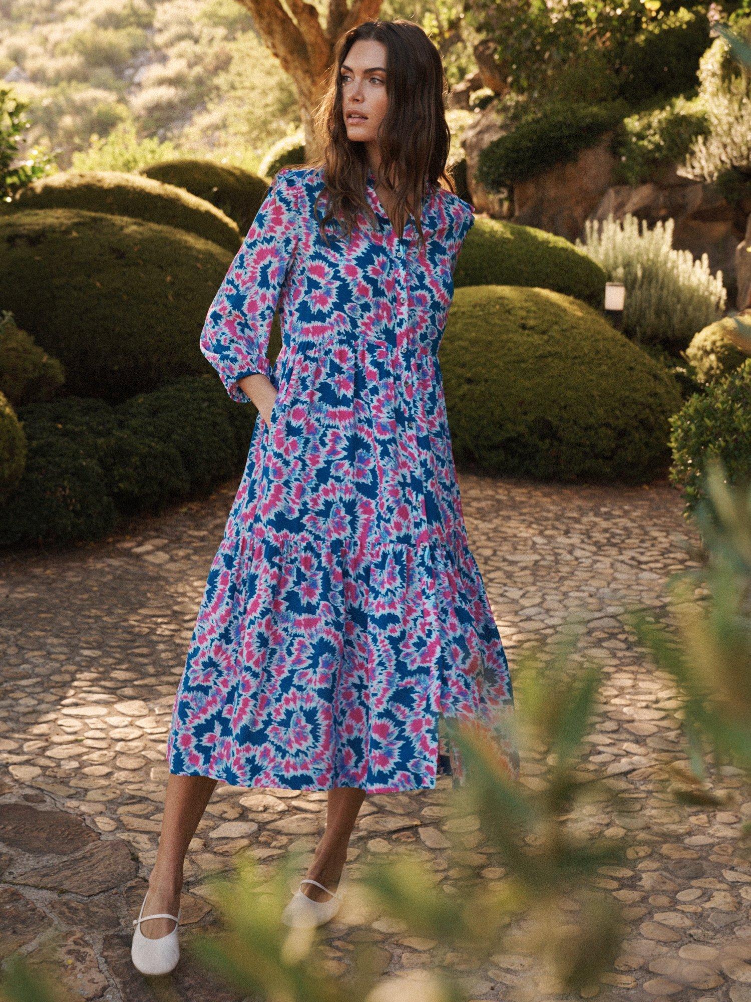 Product image 1 of 8, which shows NRBY Jacinta Tie Dye Swirl Pure Silk Dress, Multi, S