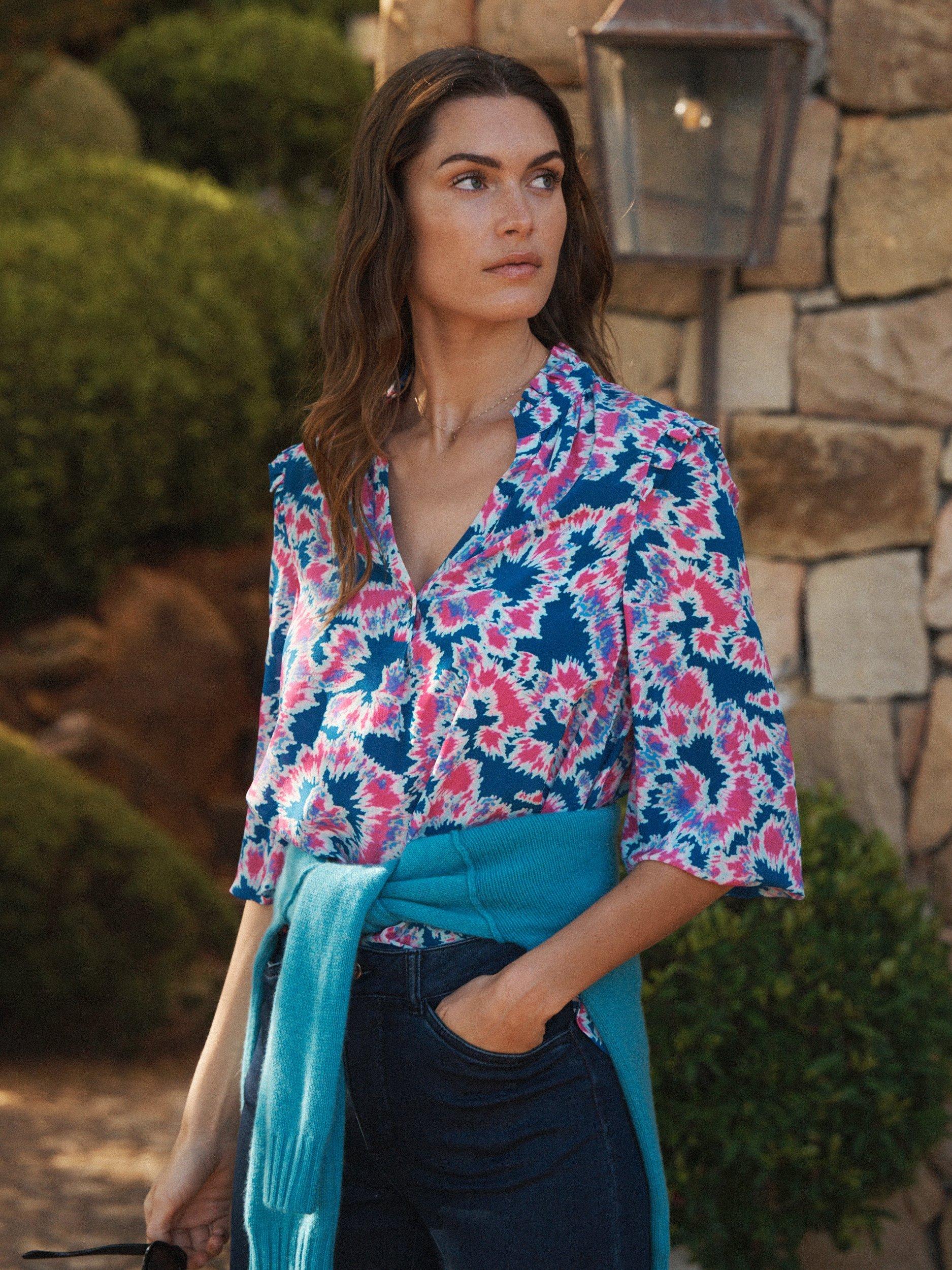 Product image 1 of 8, which shows NRBY Jessica Tie Dye Swirl Pure Silk Top, Multi, XS