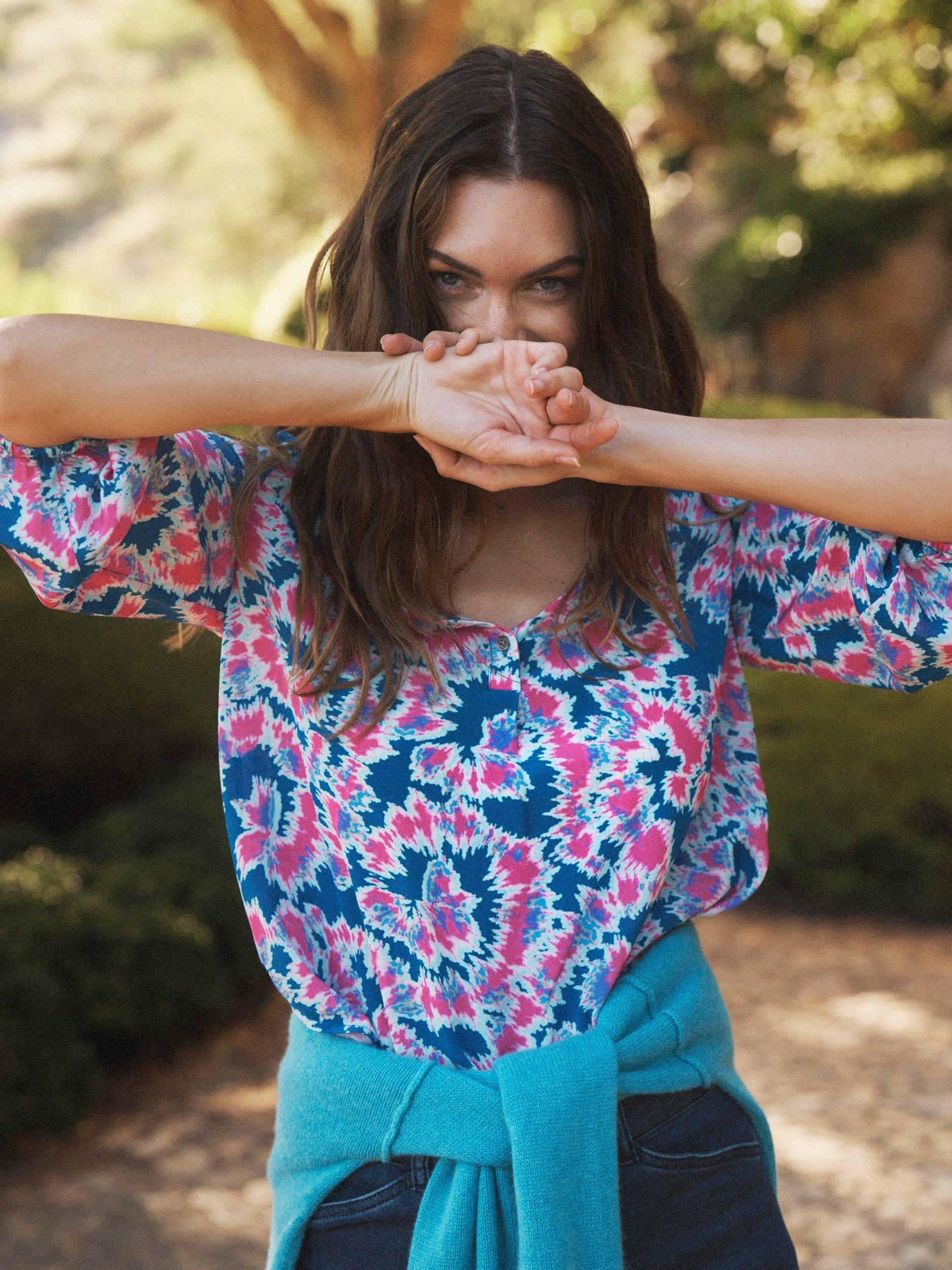 Product image 5 of 8, which shows NRBY Jessica Tie Dye Swirl Pure Silk Top, Multi, XS