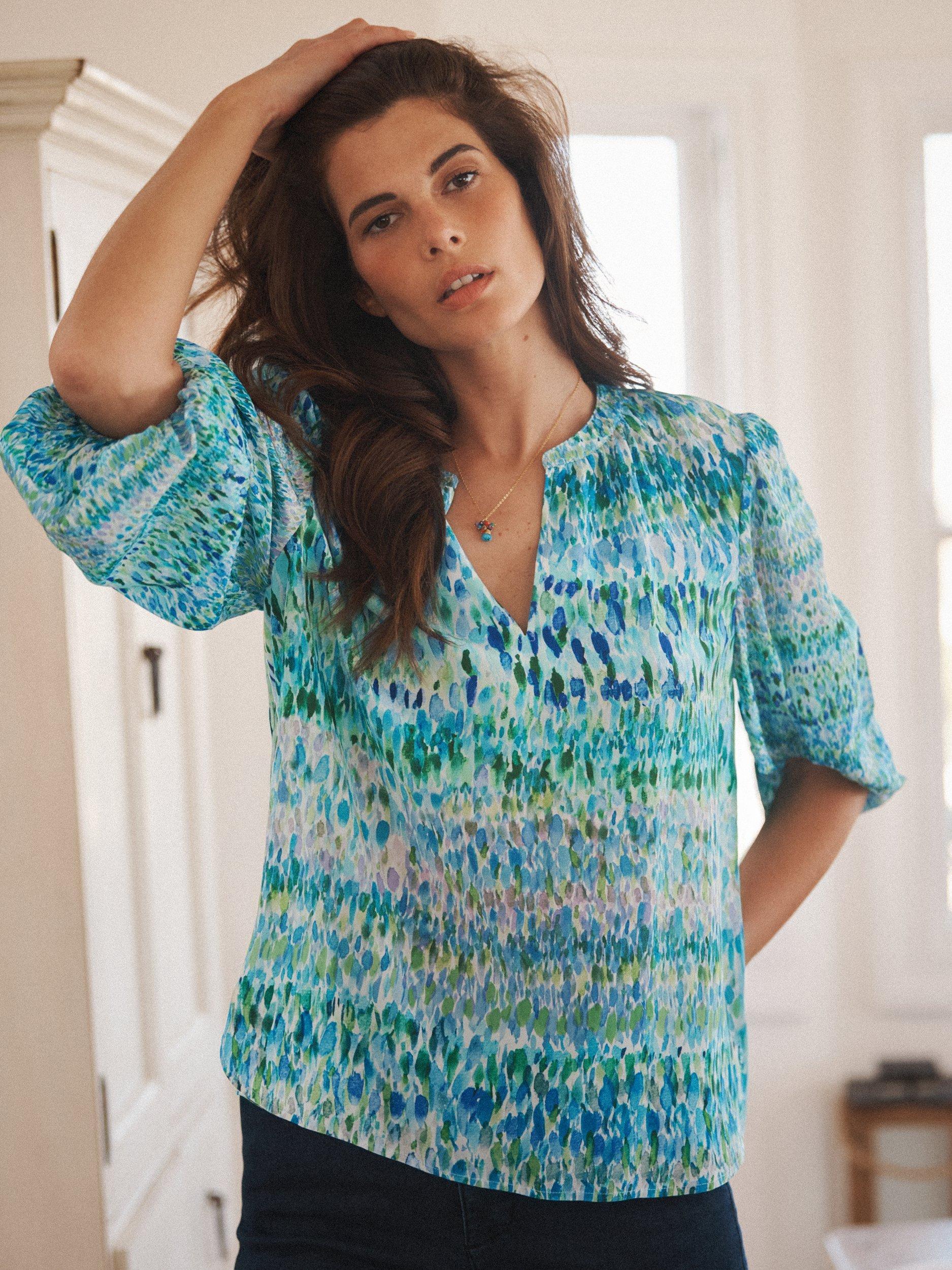 Product image 1 of 8, which shows NRBY Luna Watercolour Splash Pure Silk Shirt, Green/Multi, XS