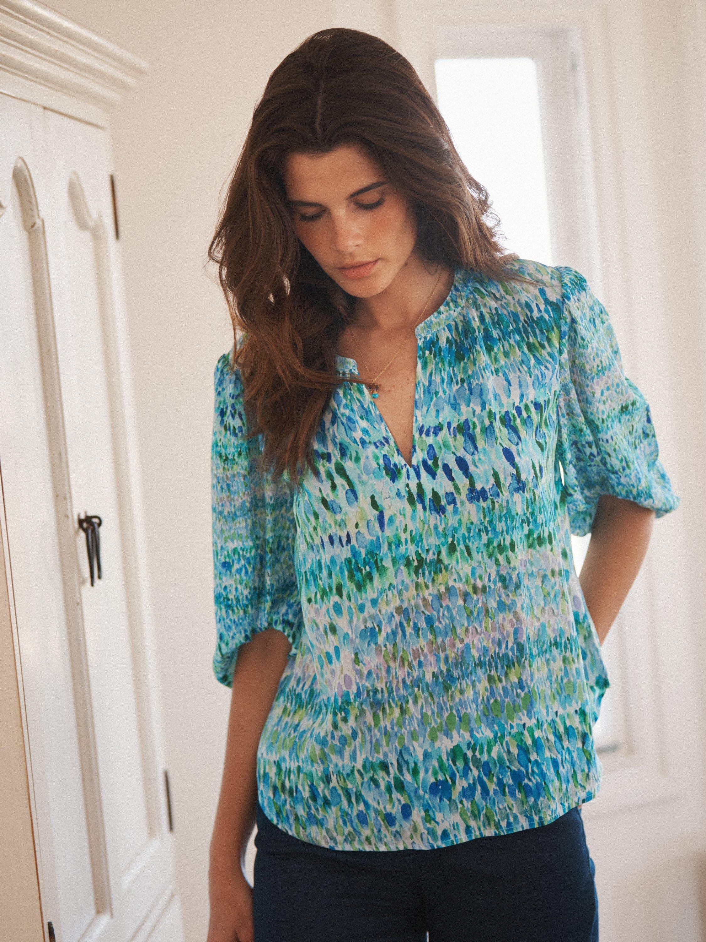 Product image 2 of 8, which shows NRBY Luna Watercolour Splash Pure Silk Shirt, Green/Multi, XS