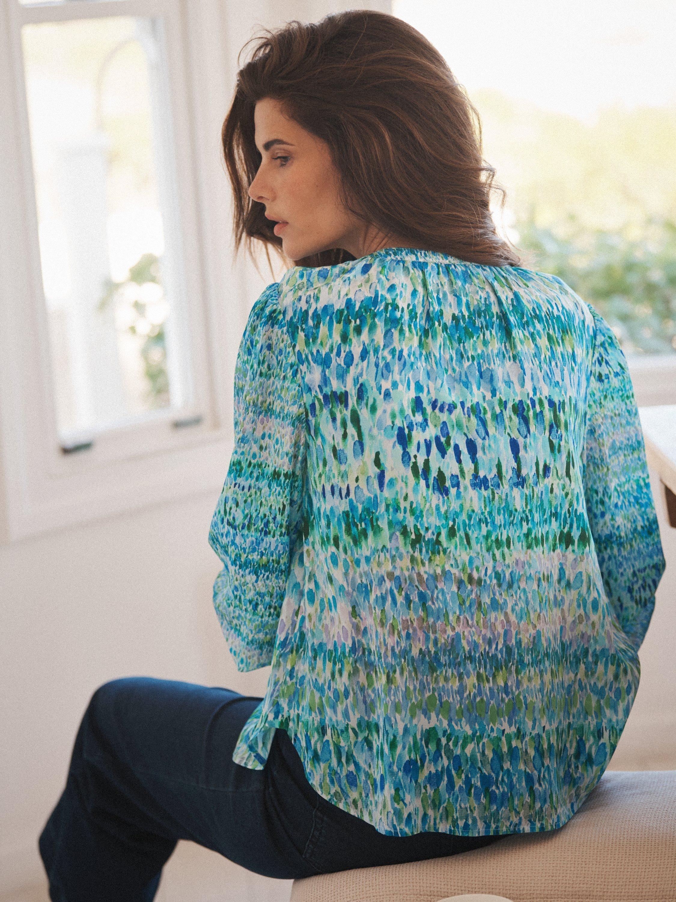 Product image 3 of 8, which shows NRBY Luna Watercolour Splash Pure Silk Shirt, Green/Multi, XS