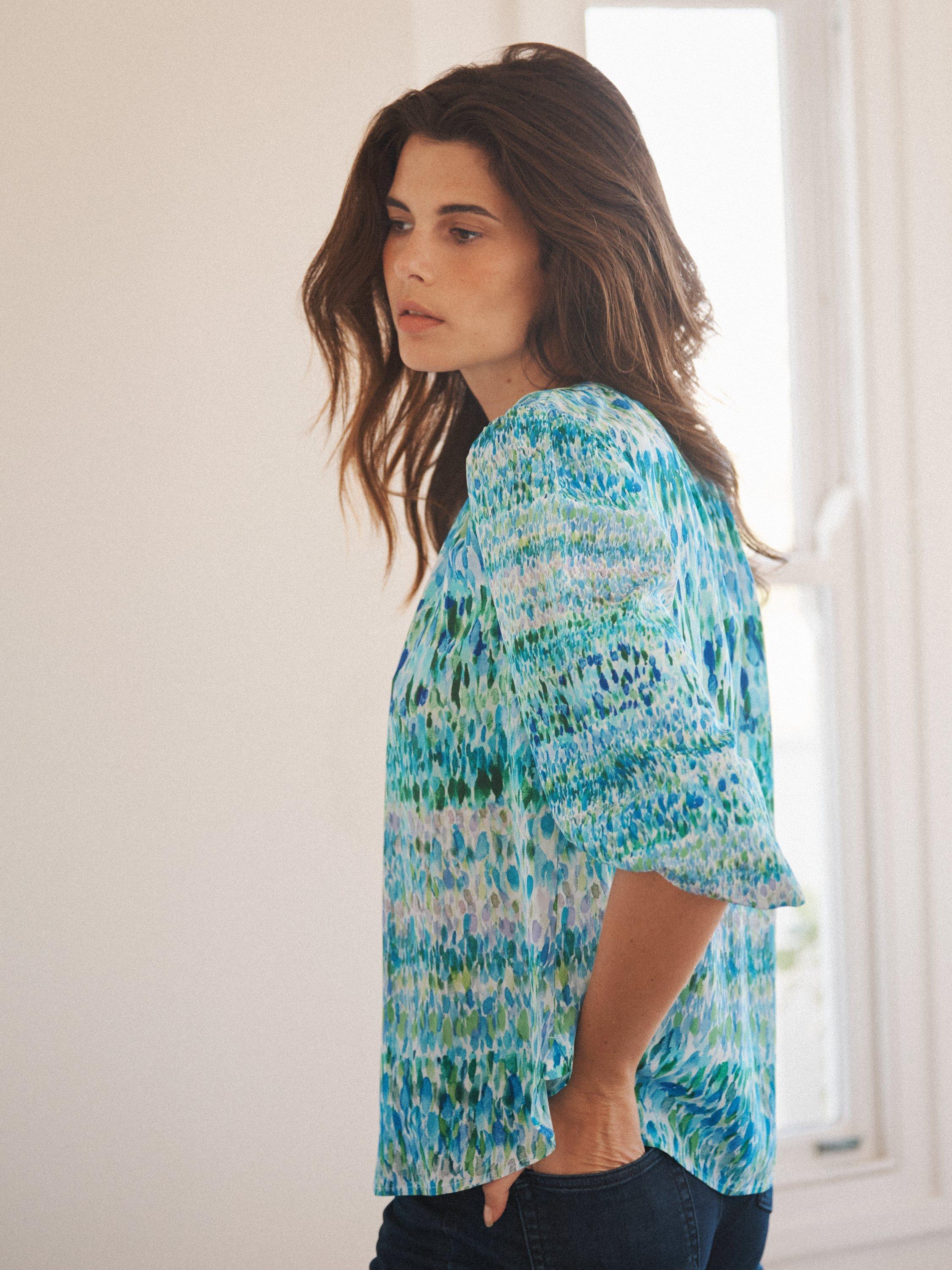 Product image 4 of 8, which shows NRBY Luna Watercolour Splash Pure Silk Shirt, Green/Multi, XS