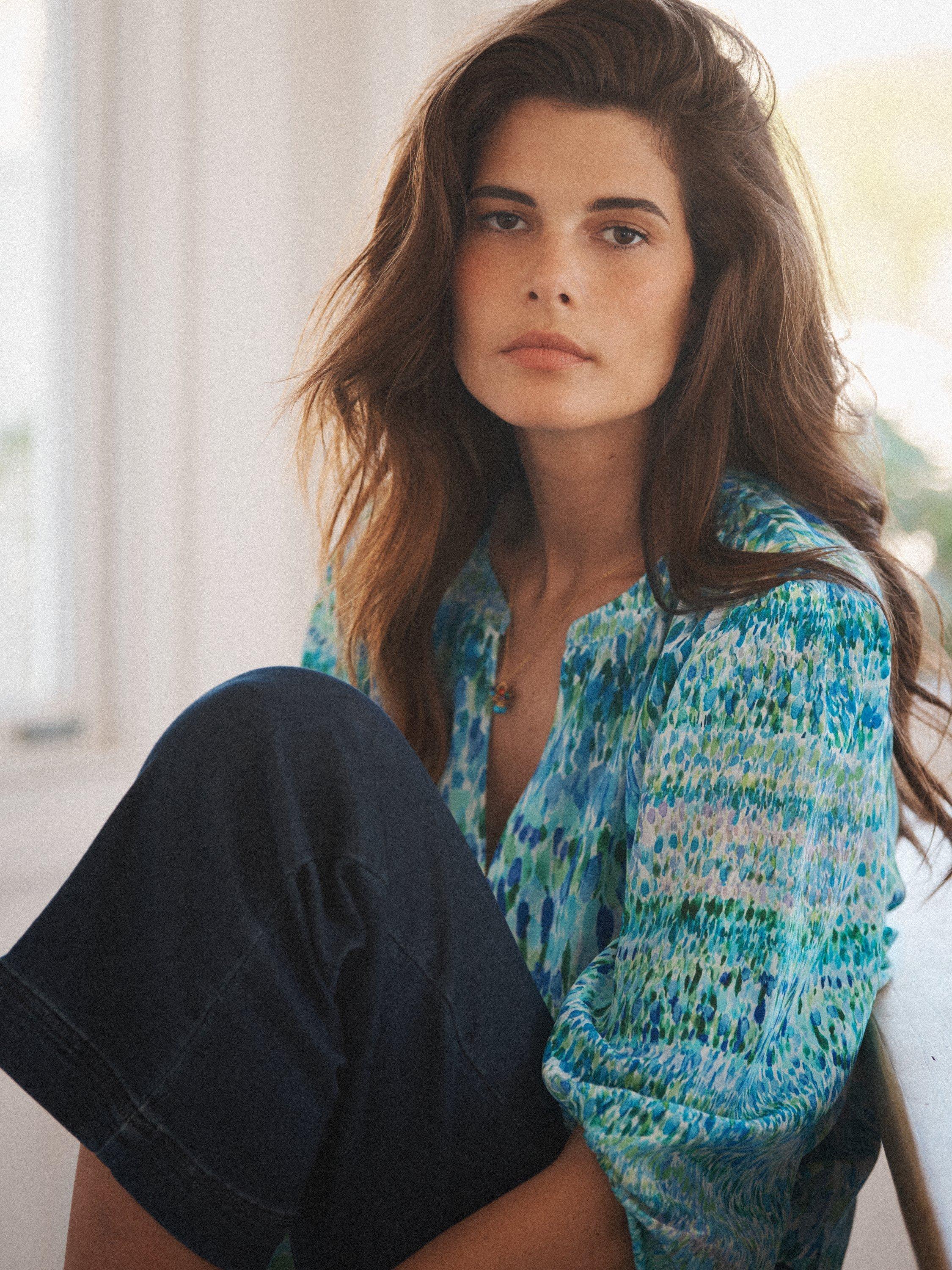 Product image 5 of 8, which shows NRBY Luna Watercolour Splash Pure Silk Shirt, Green/Multi, XS