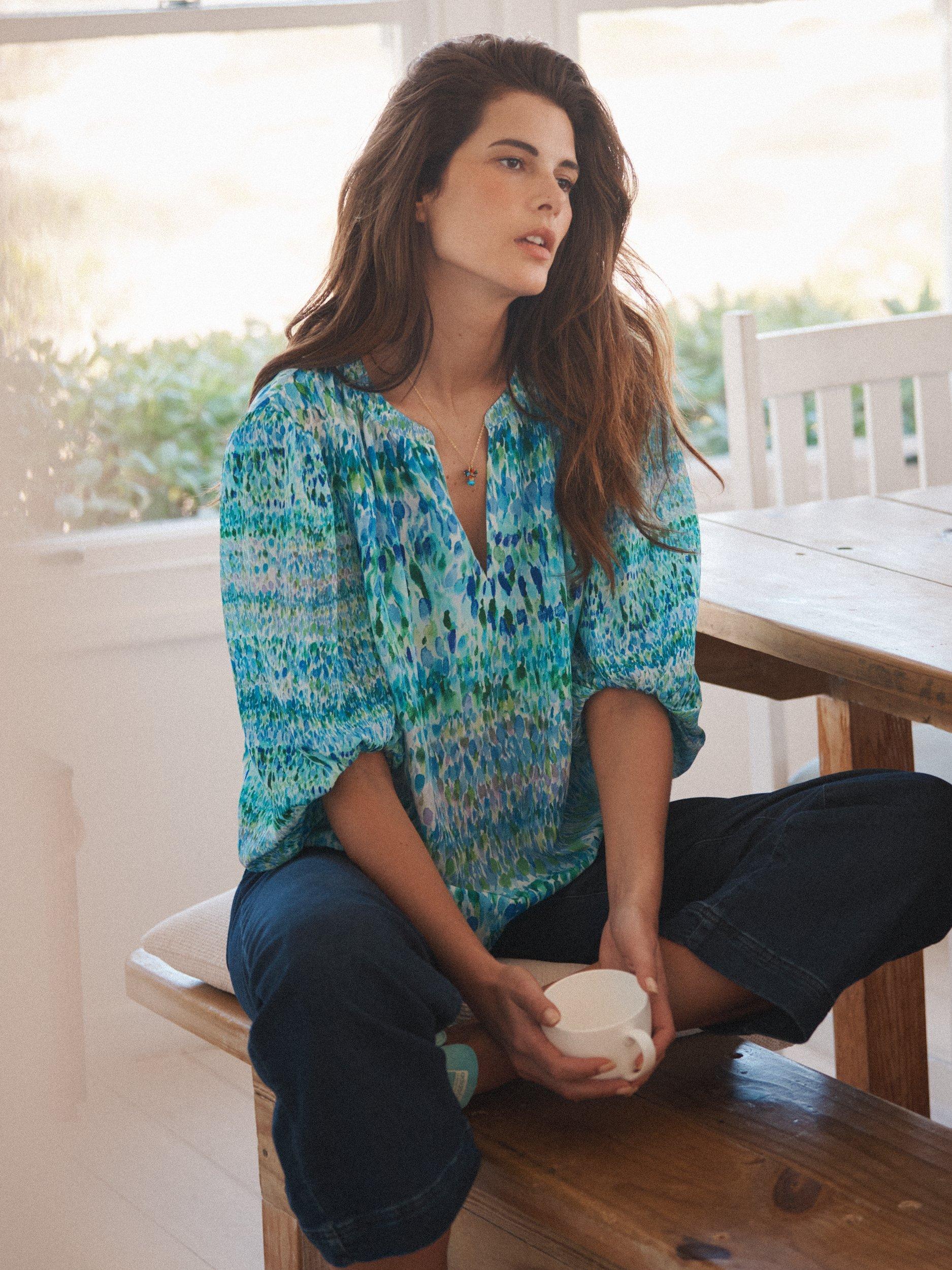 Product image 6 of 8, which shows NRBY Luna Watercolour Splash Pure Silk Shirt, Green/Multi, XS