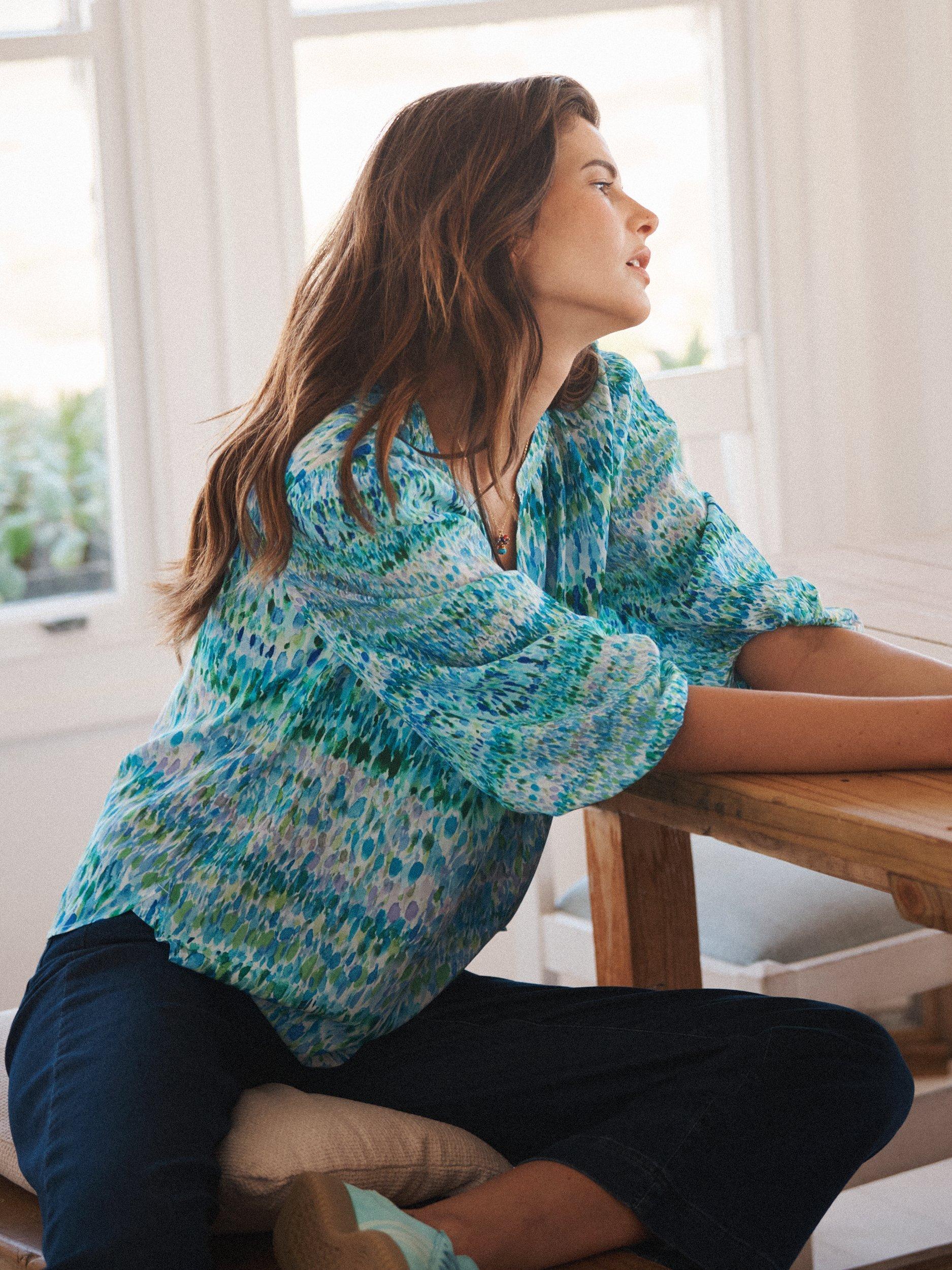 Product image 7 of 8, which shows NRBY Luna Watercolour Splash Pure Silk Shirt, Green/Multi, XS