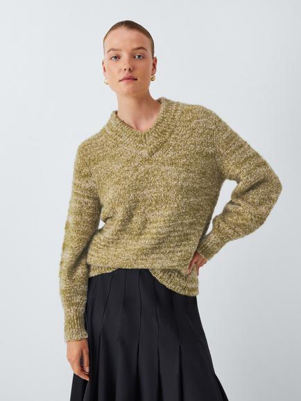 John Lewis V-Neck Boucle Jumper, Olive Boucle, Olive Boucle