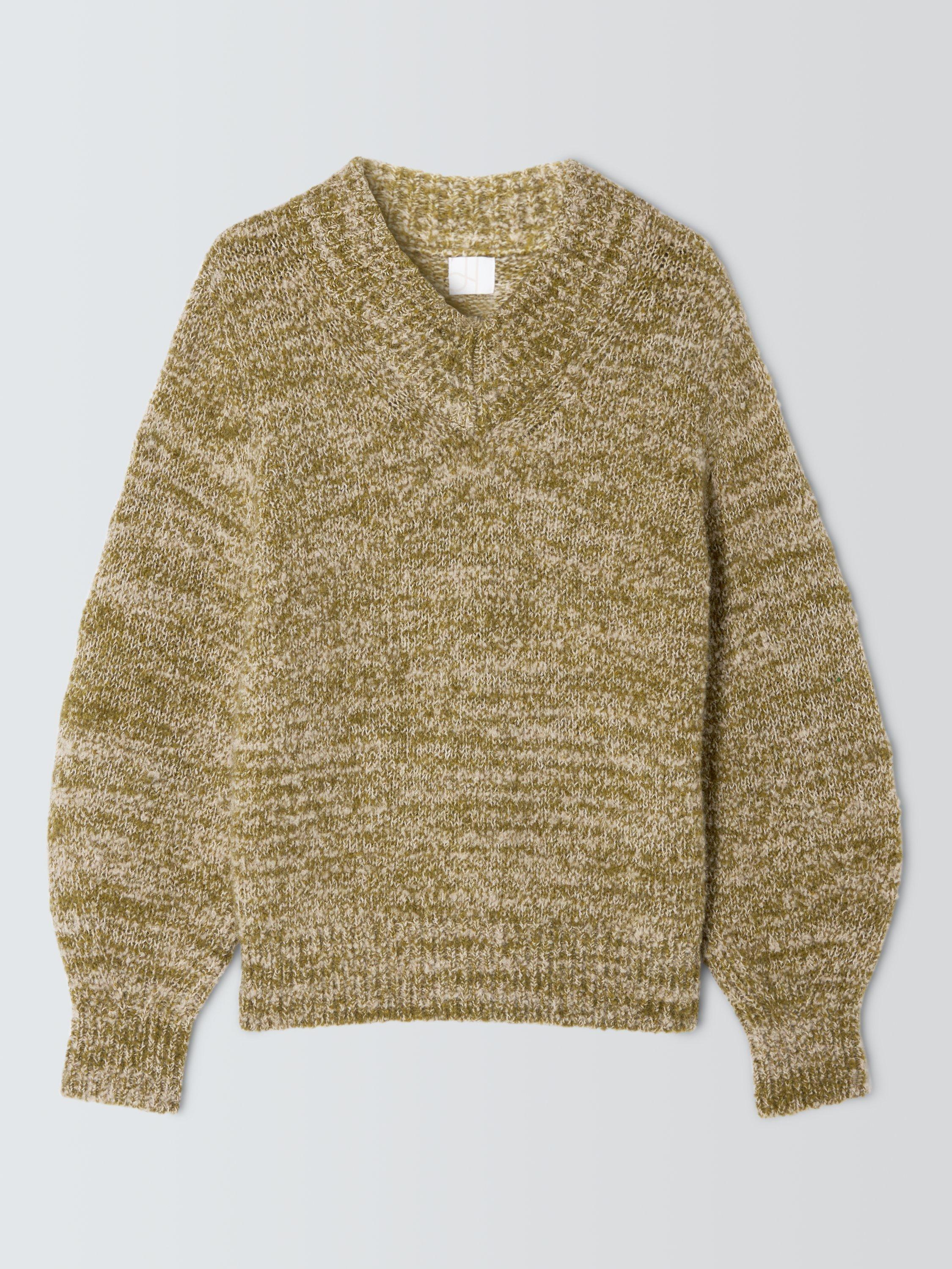 Product image 4 of 6, which shows John Lewis V-Neck Boucle Jumper, Olive Boucle, XS