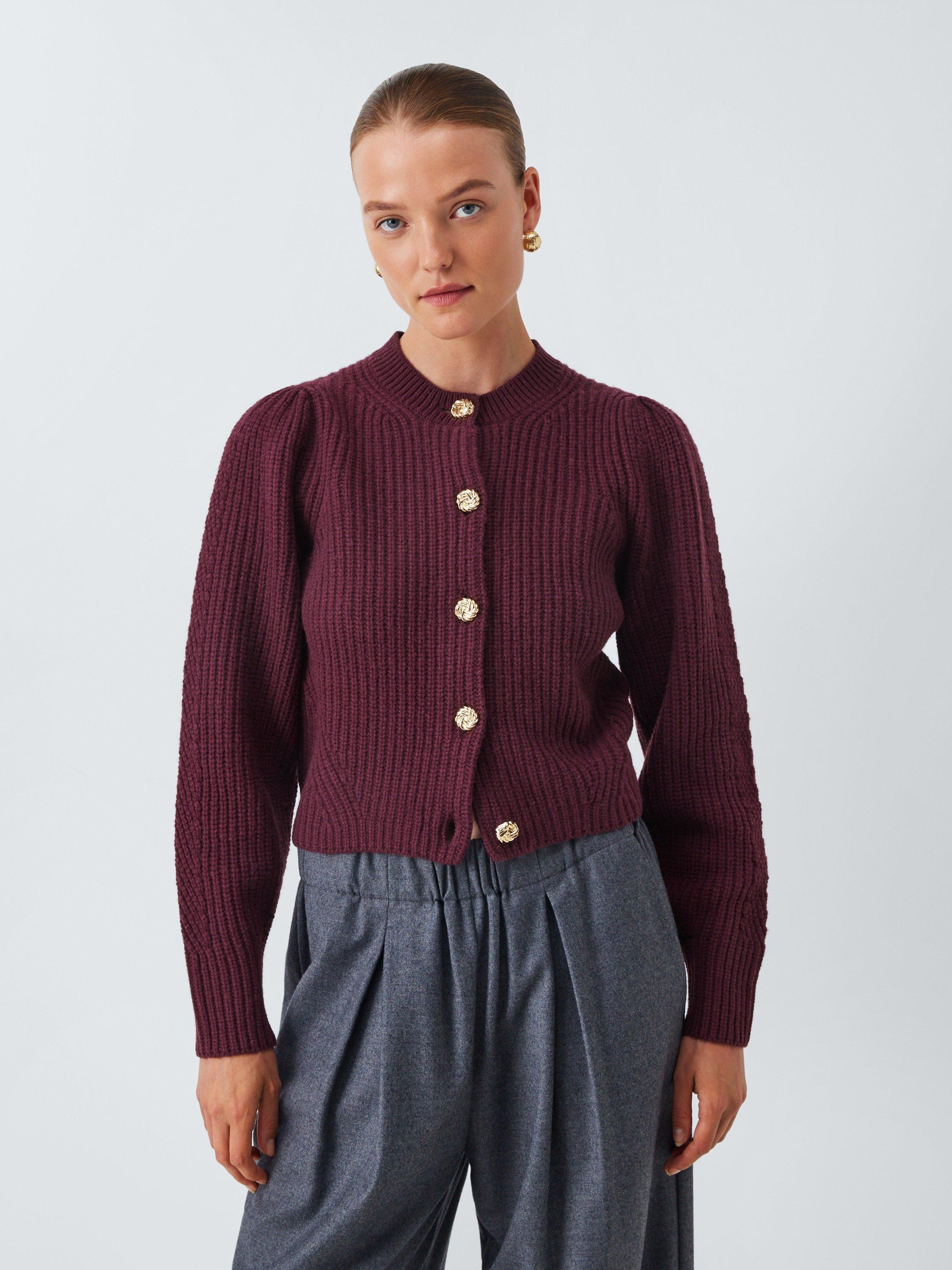 Product image 1 of 6, which shows John Lewis Ribbed Wool Blend Cardigan, Fig, 14