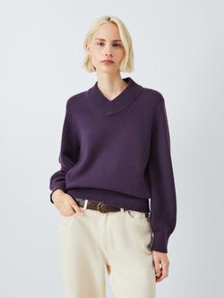 John Lewis Wool Blend Ribbed V-Neck Jumper, Grape