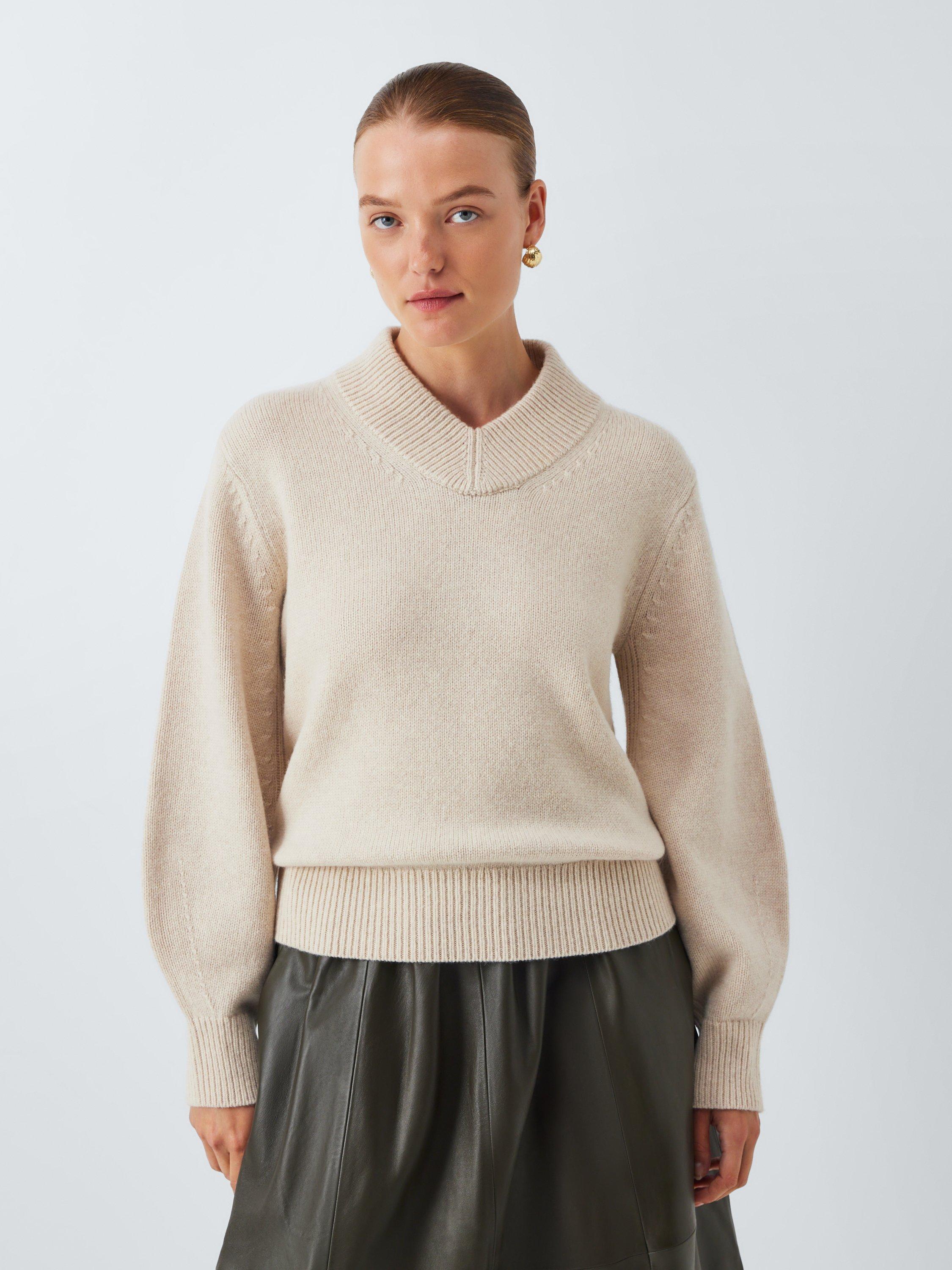 Product image 1 of 6, which shows John Lewis Wool Blend Ribbed V-Neck Jumper, Shearling, M
