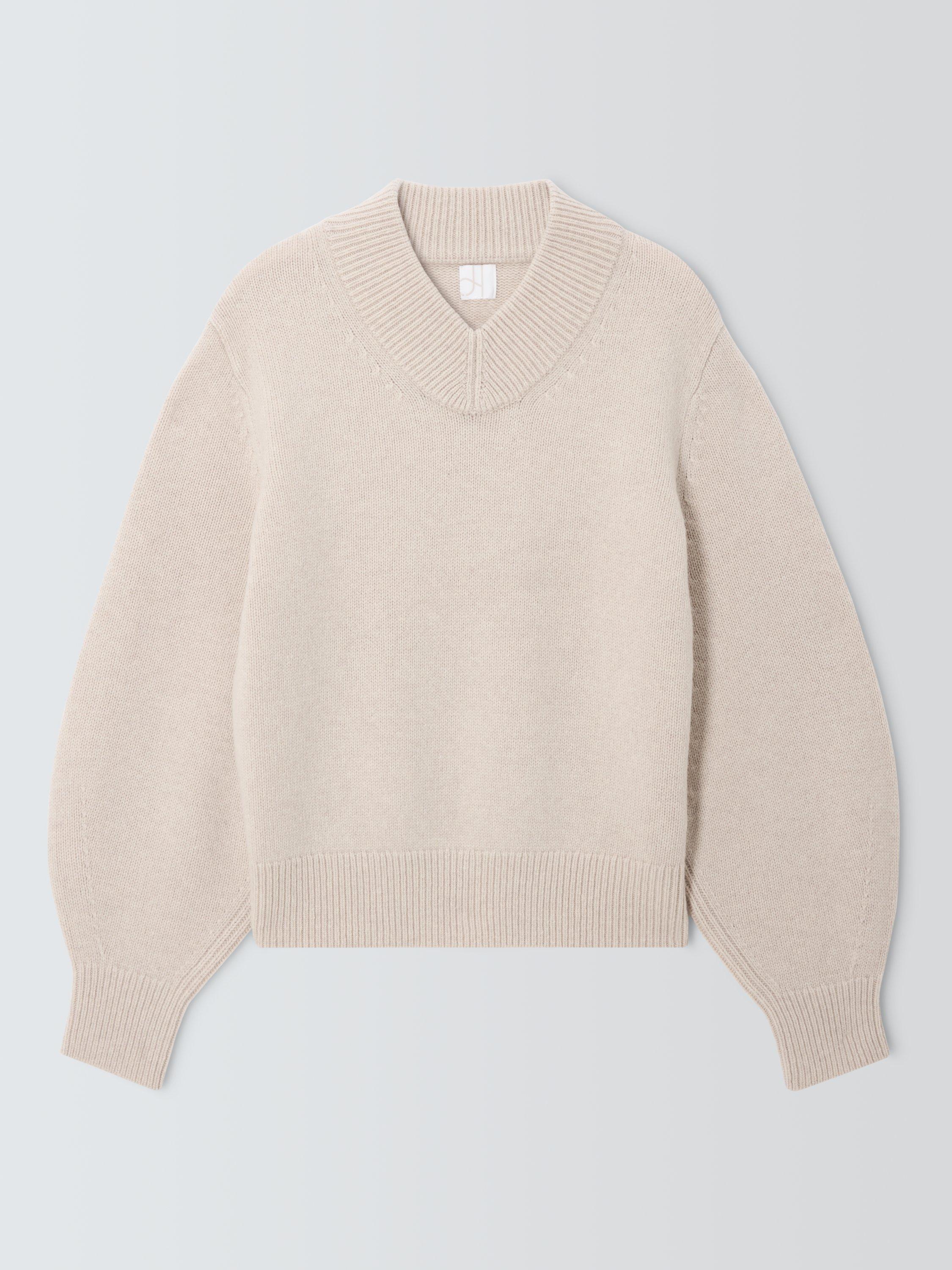 Product image 4 of 6, which shows John Lewis Wool Blend Ribbed V-Neck Jumper, Shearling, M
