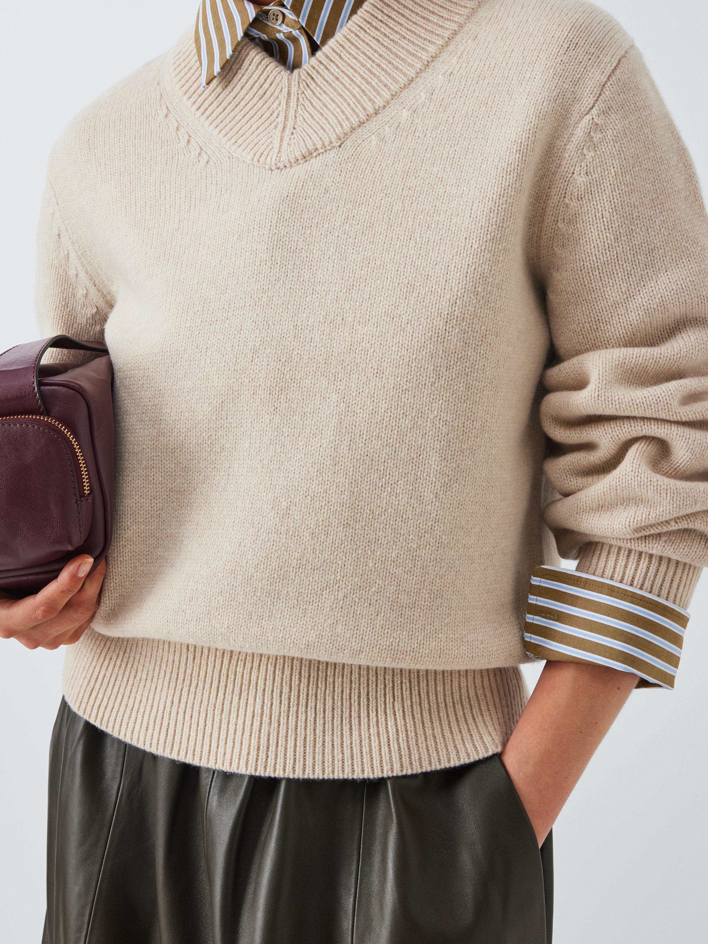 Product image 6 of 6, which shows John Lewis Wool Blend Ribbed V-Neck Jumper, Shearling, M