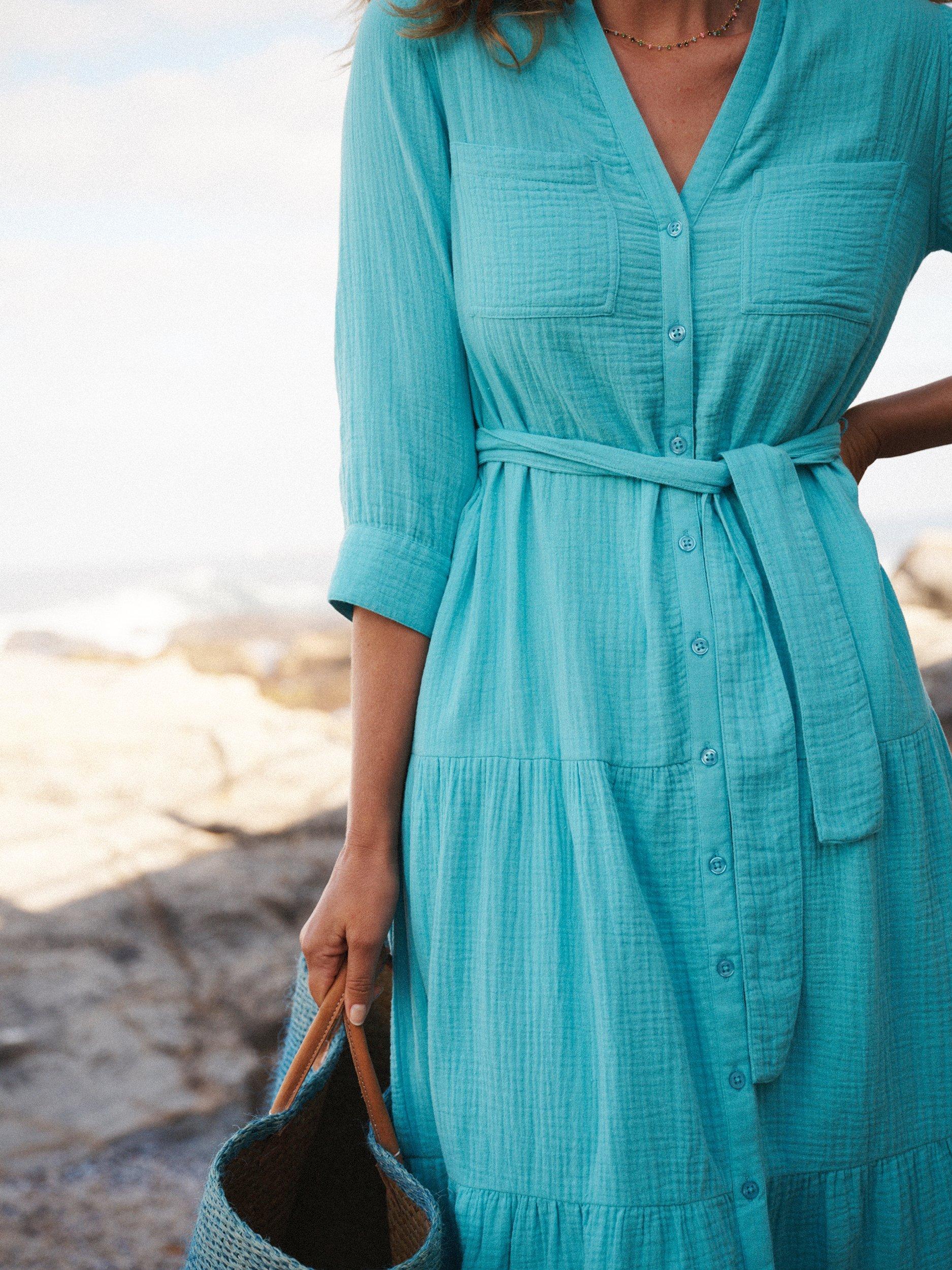 Product image 2 of 8, which shows NRBY Astrid Double Cloth Shirt Dress, Aqua, XS