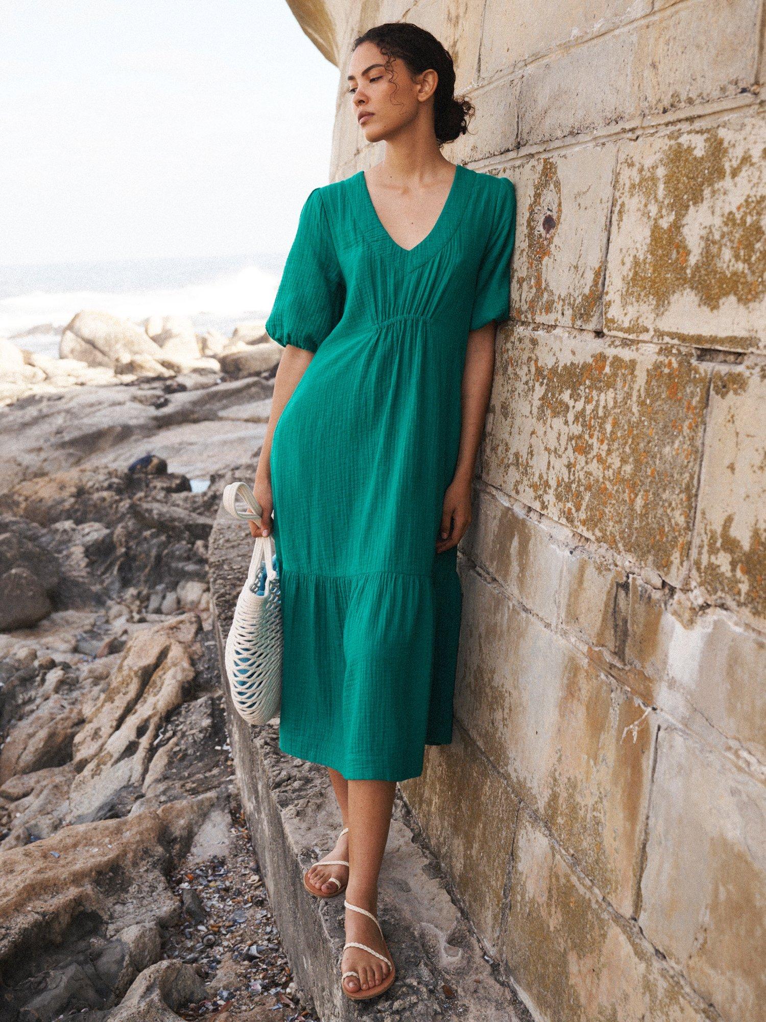 Product image 1 of 8, which shows NRBY Camille Double Cloth Dress, Sea Green, XS