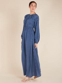 Aab Polka Dot Drawstring Neck Maxi Dress, Blue - view 2, Blue
