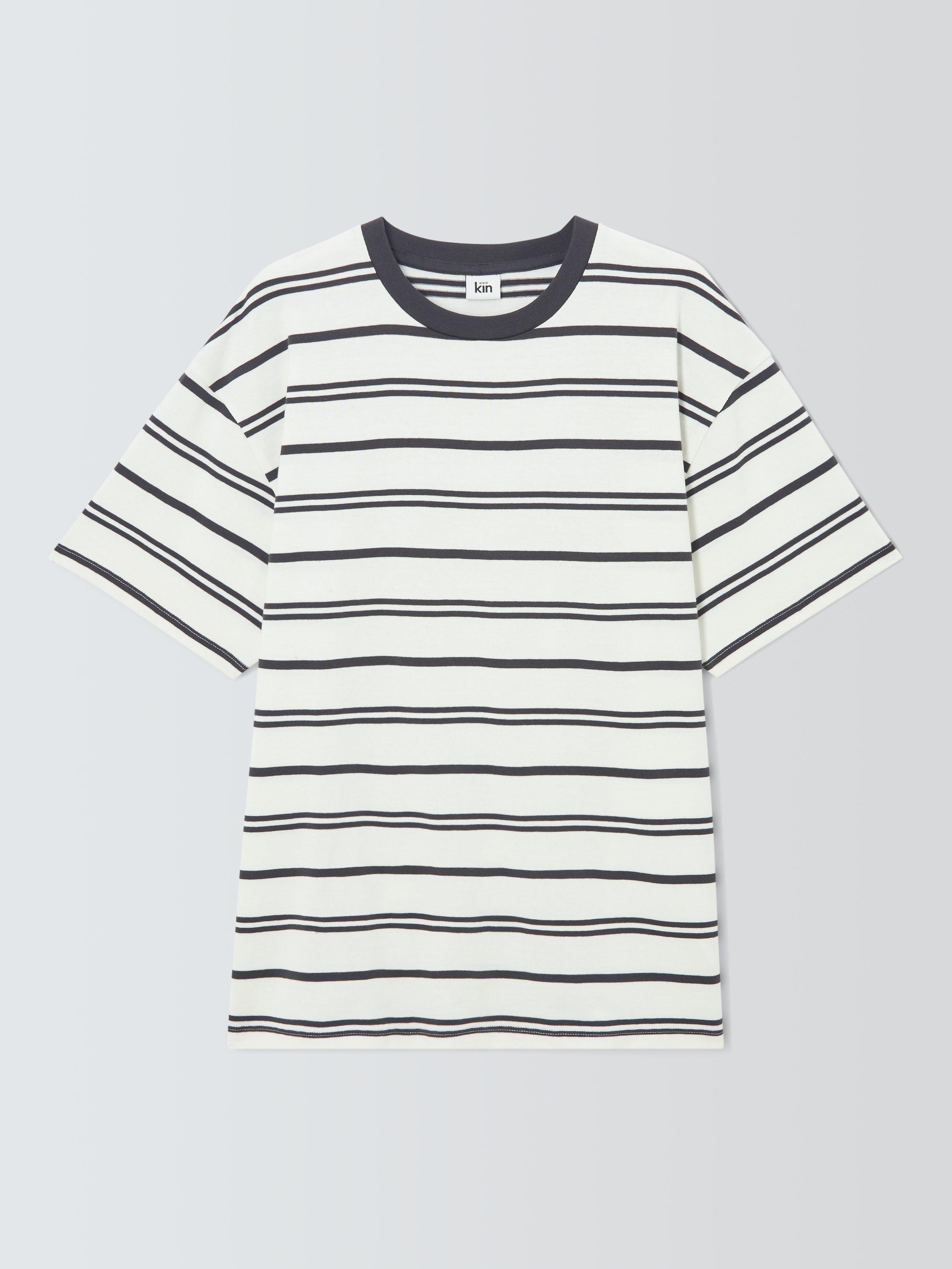 Product image 4 of 6, which shows Kin Crew Neck Stripe Cotton T-Shirt, Cloud Dancer, S