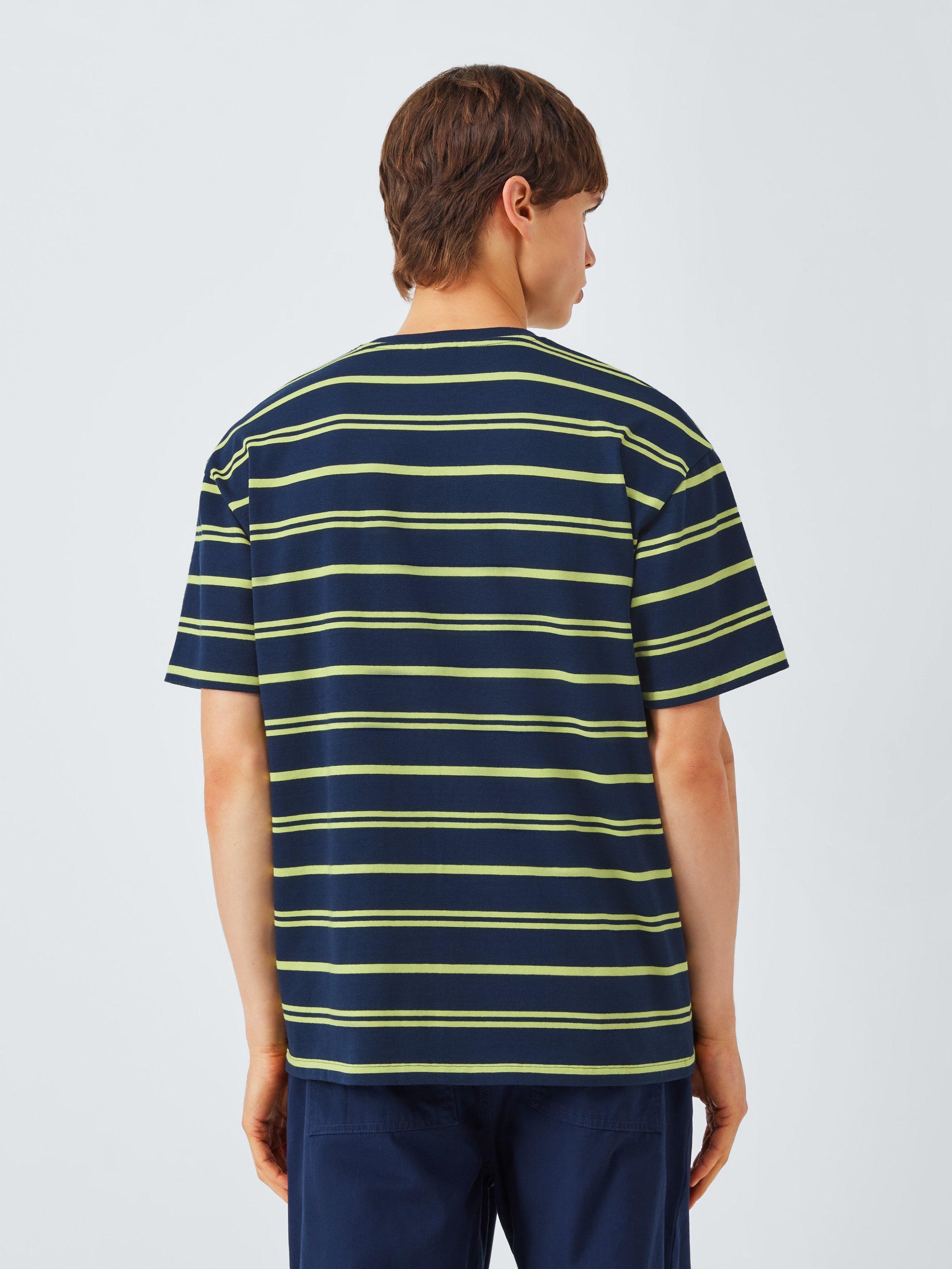 Product image 2 of 6, which shows Kin Crew Neck Stripe Cotton T-Shirt, Dark Sapphire, S