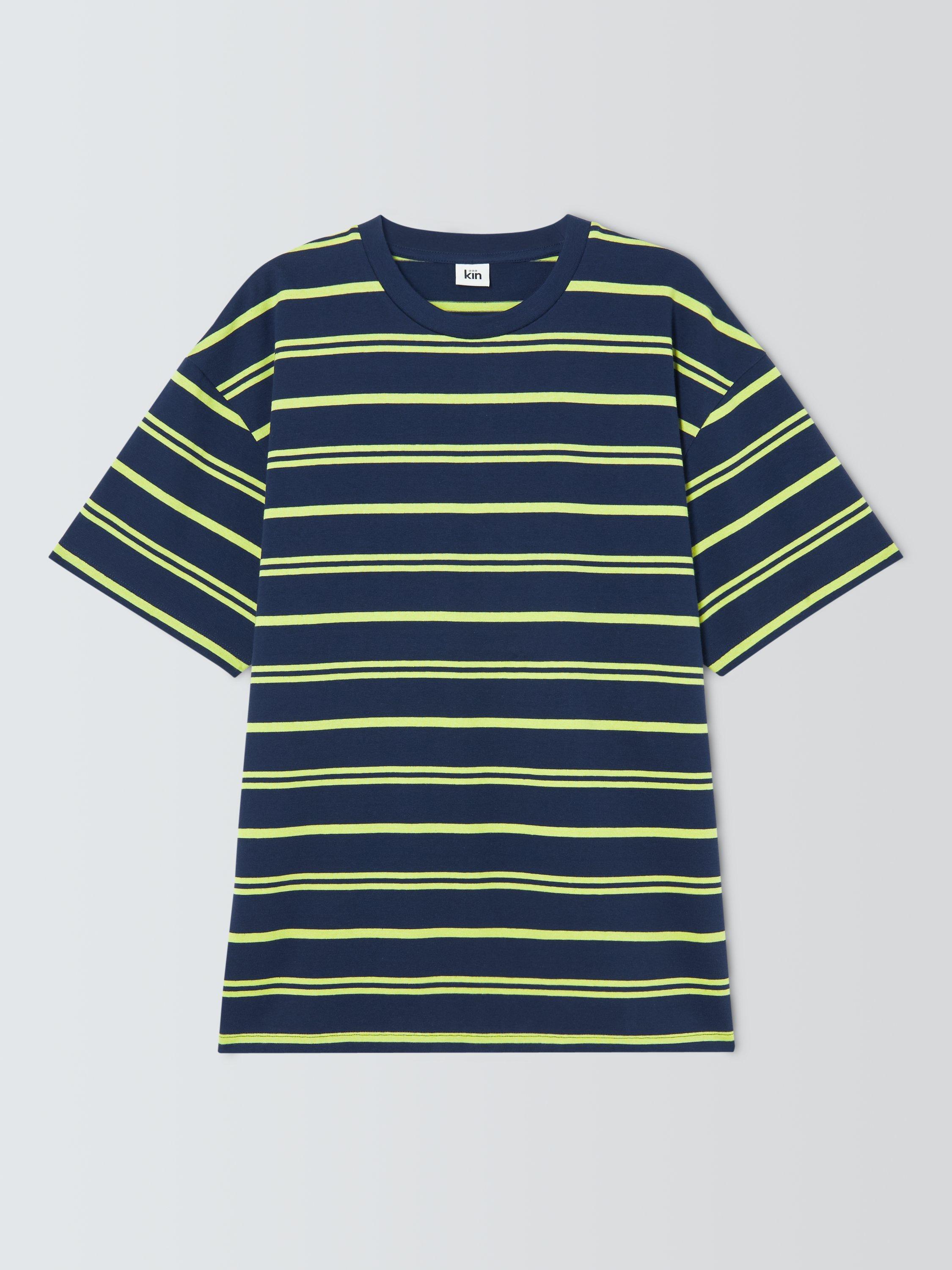 Product image 4 of 6, which shows Kin Crew Neck Stripe Cotton T-Shirt, Dark Sapphire, S