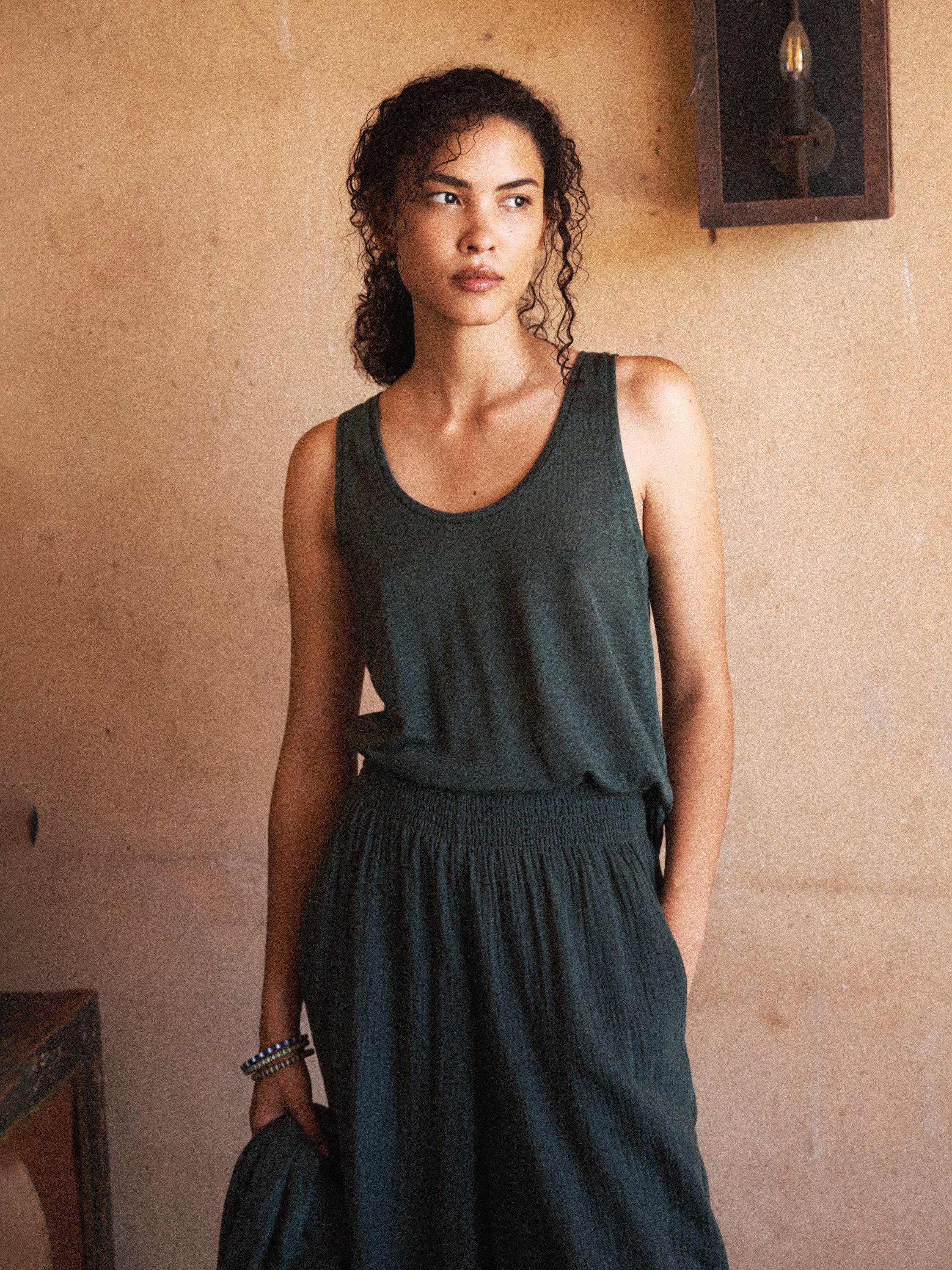 NRBY Pammy Pure Linen Jersey Vest Top, Khaki