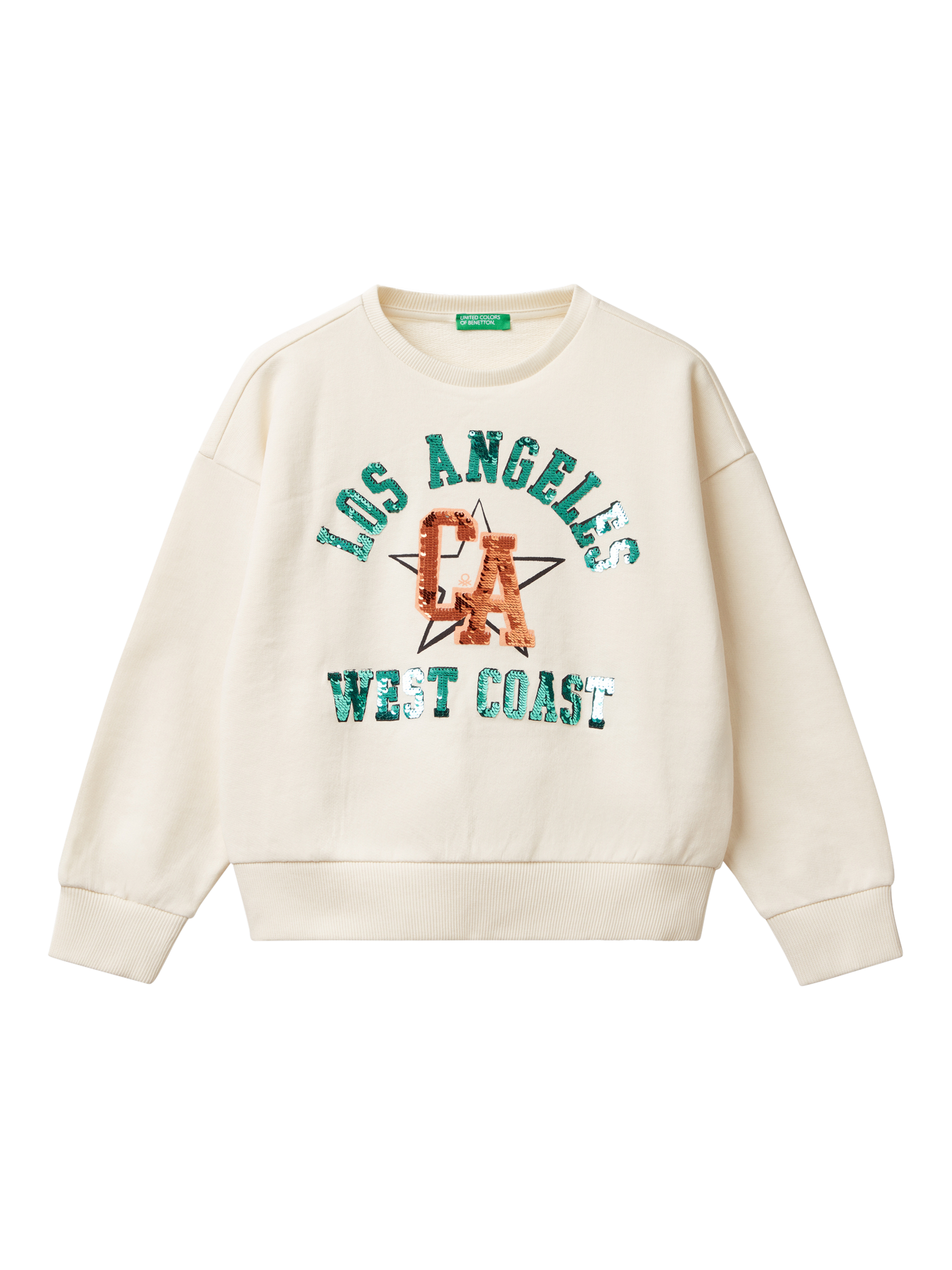 Product image 1 of 3, which shows Benetton Kids' Sequin LA Sweatshirt, White Cream, 6-7 years