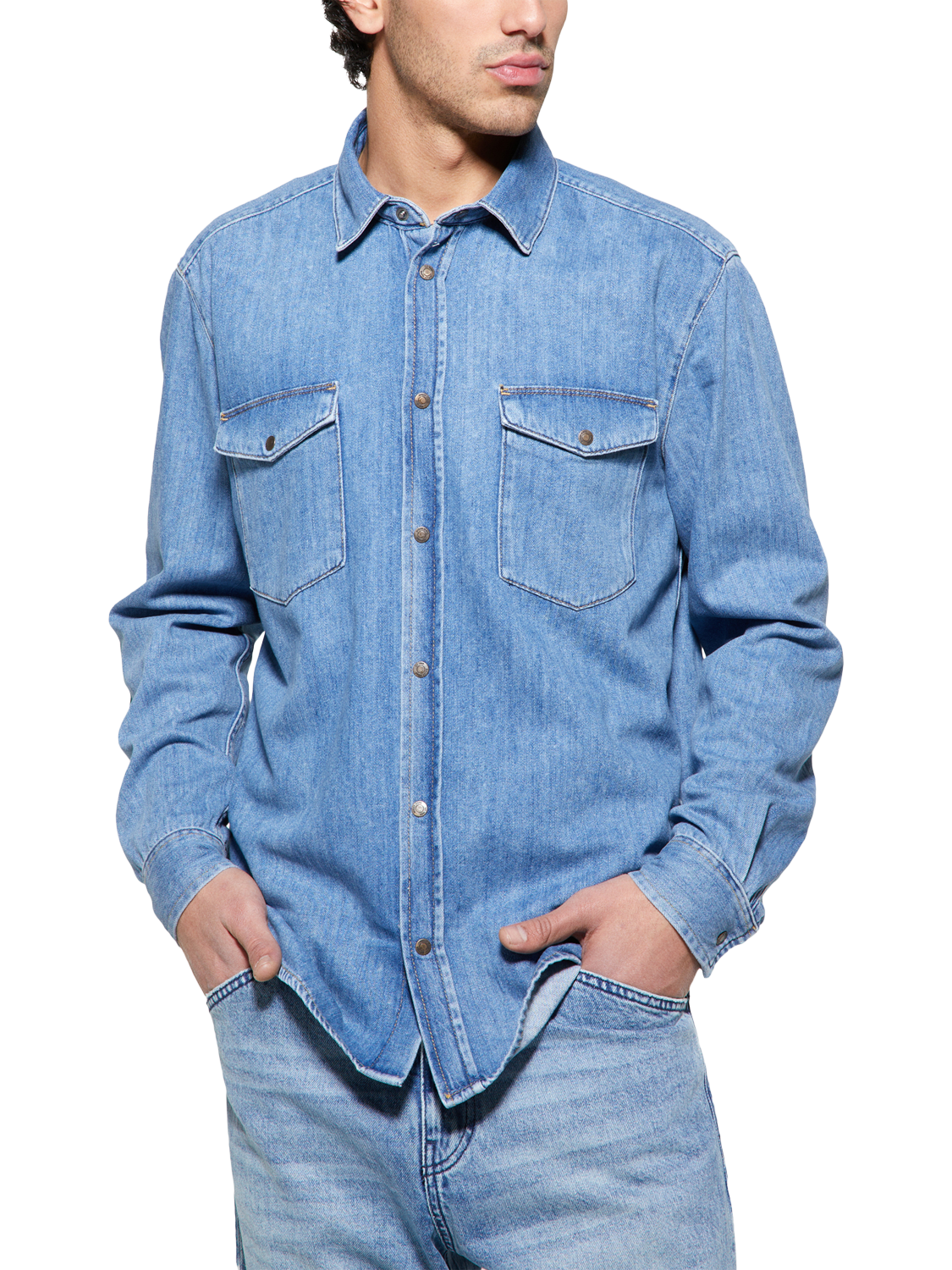 Product image 1 of 4, which shows SISLEY Cotton Regular Fit Denim Shirt, Blue, M
