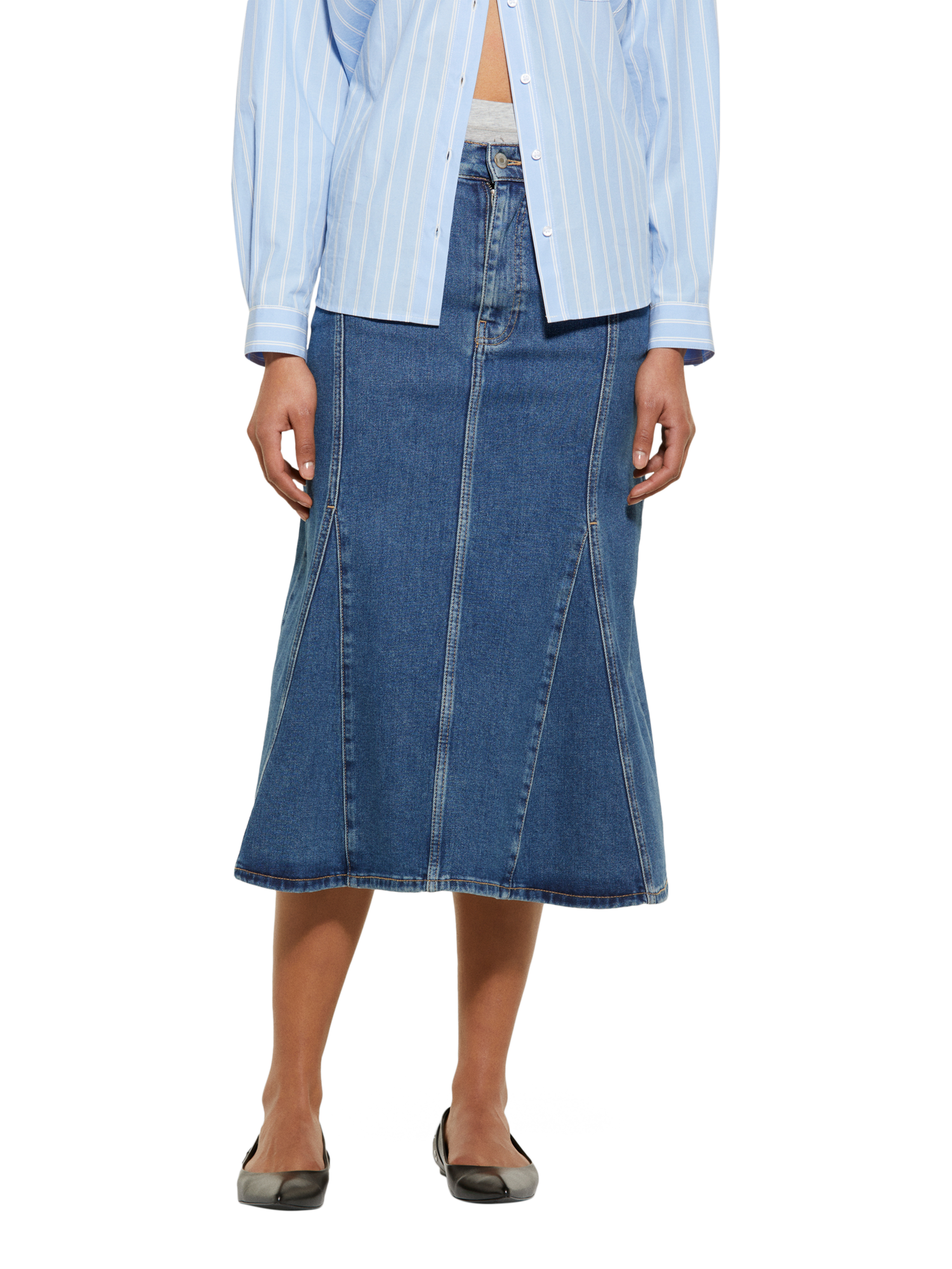 Product image 1 of 6, which shows SISLEY Flared Denim Skirt, Blue, 8