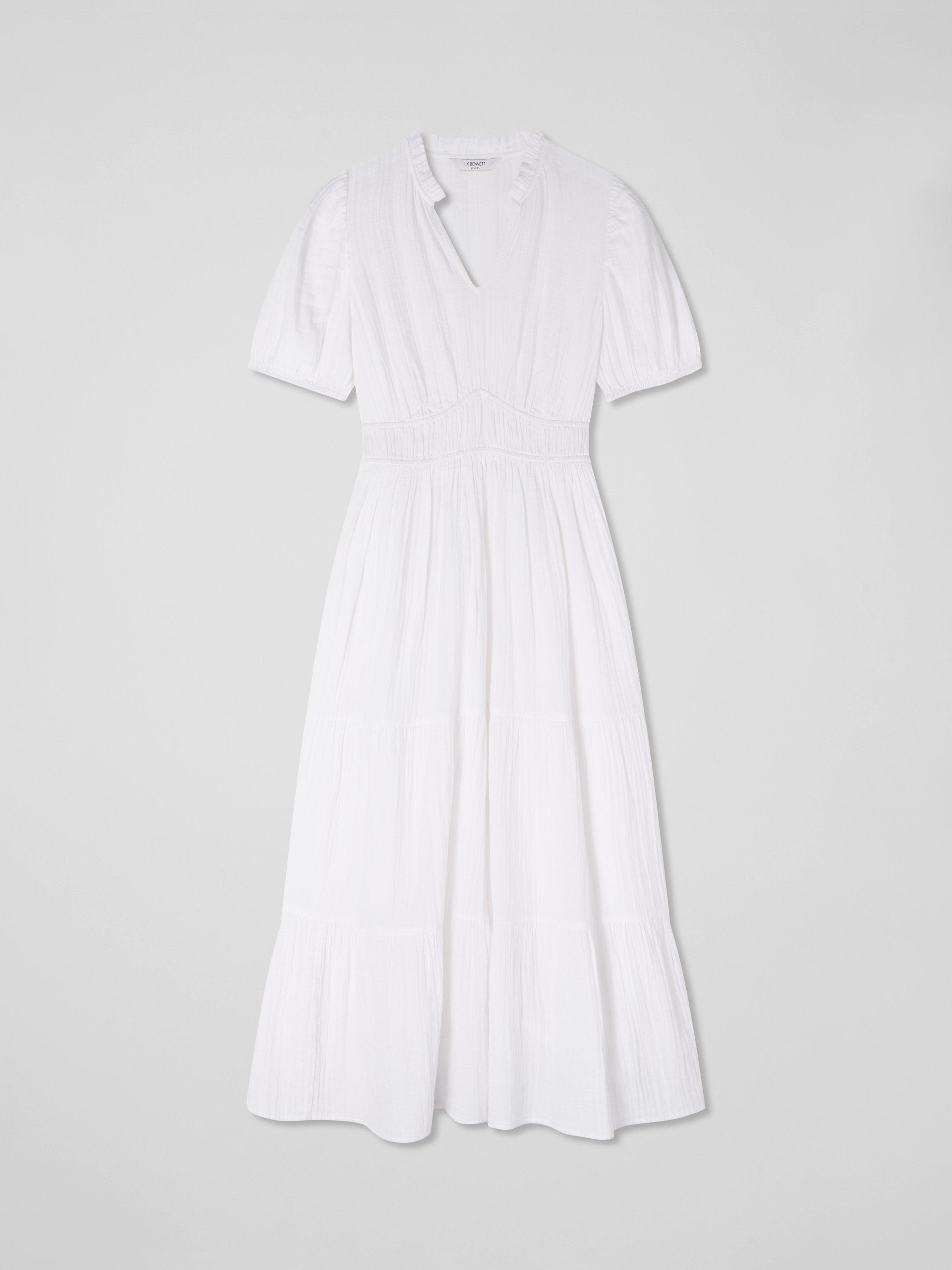 Product image 4 of 4, which shows L.K.Bennett Felicity Cheesecloth Midi Dress, White, 8