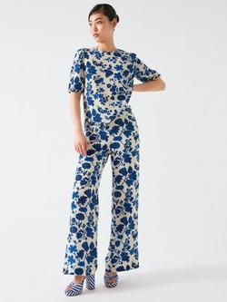 L.K.Bennett Brielle Silk Trousers, Cream/Blue