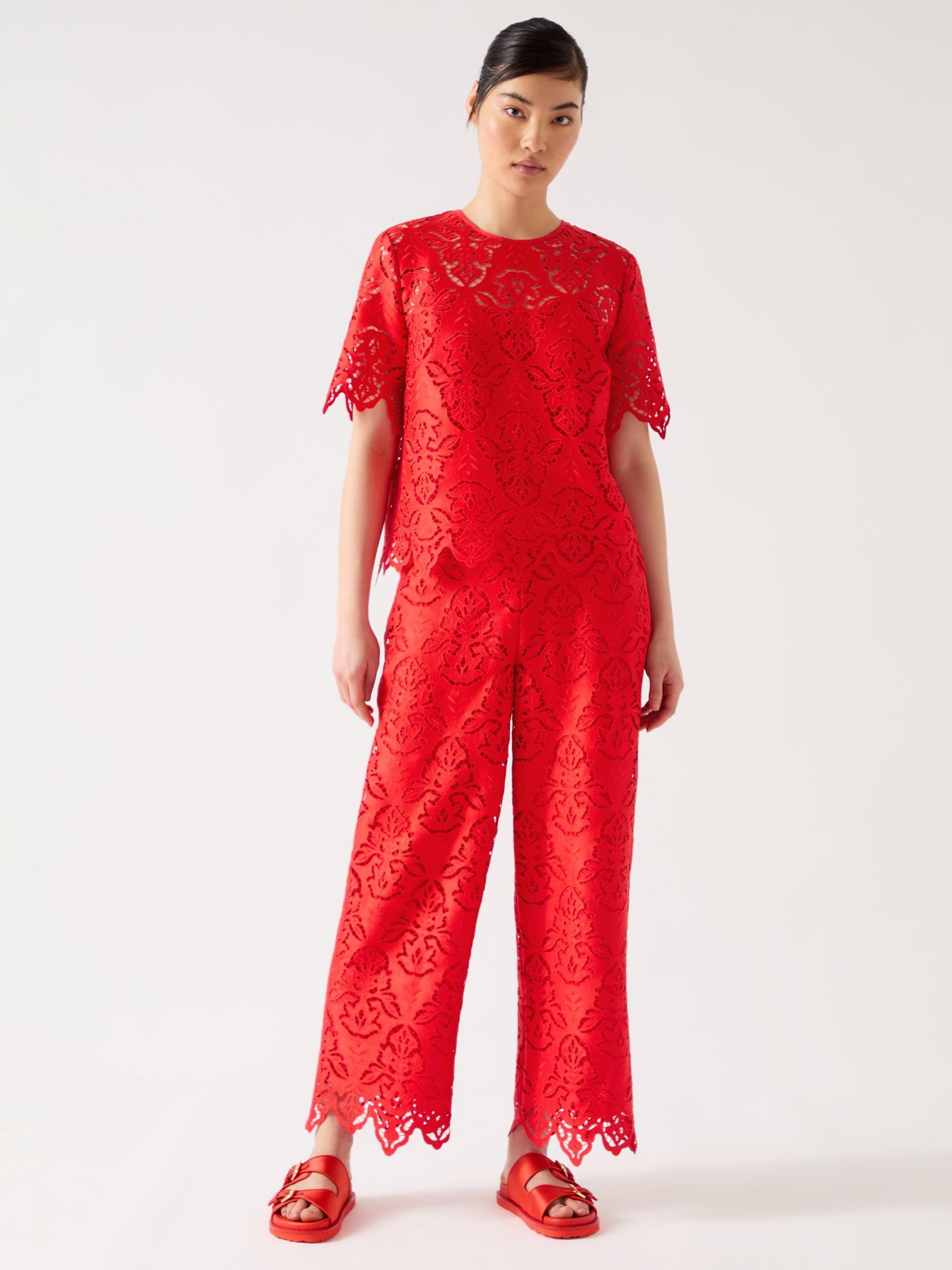 Product image 1 of 5, which shows L.K.Bennett Royal Ascot Grace Lace Trousers, Red, 6