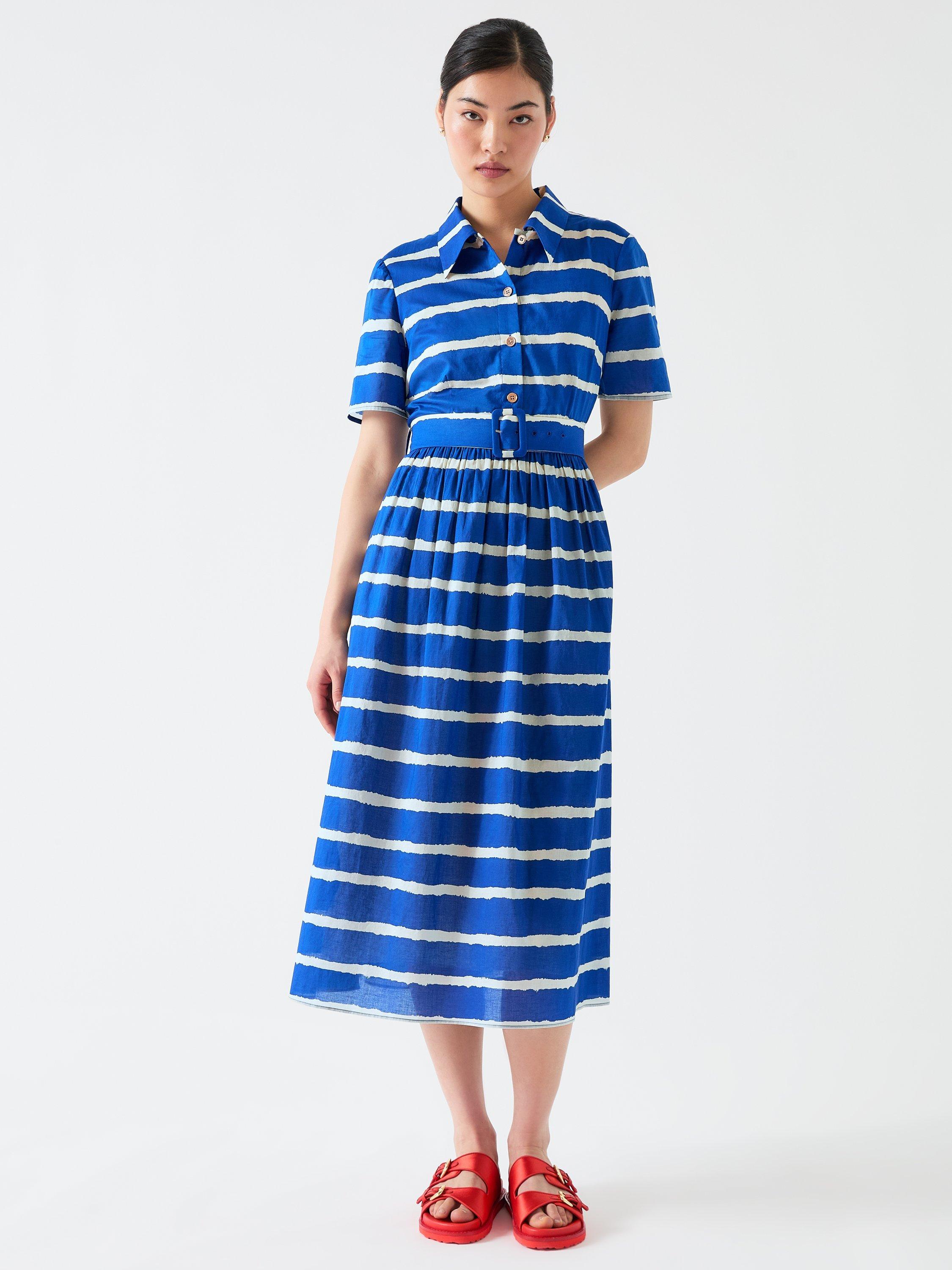 Product image 1 of 4, which shows L.K.Bennett Brielle Stripe Midi Shirt Dress, Blue/White, 6