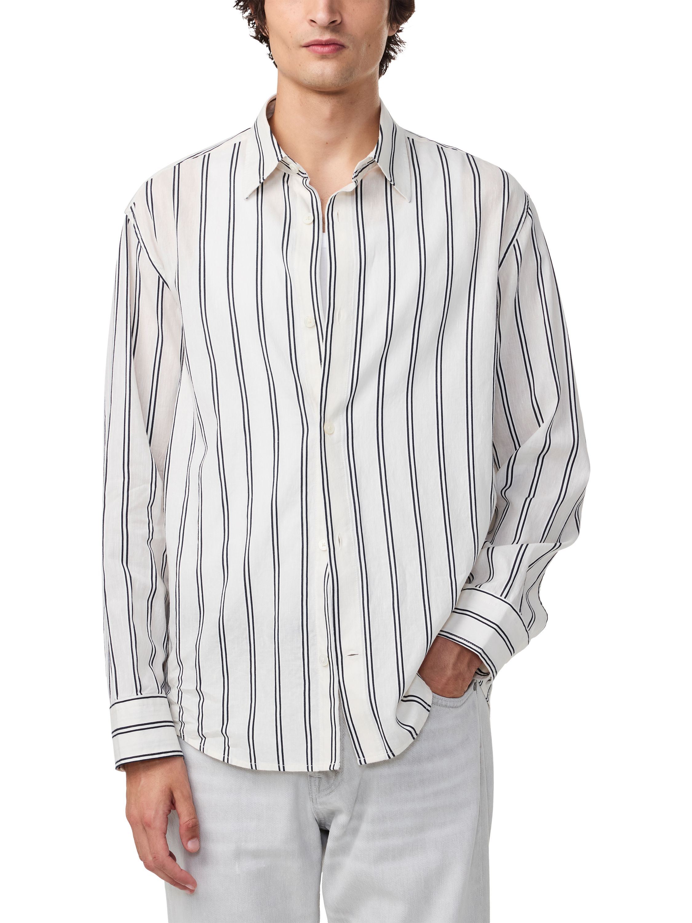 Product image 3 of 5, which shows NN.07 Freddy Cotton Blend Regular Fit Stripe Shirt, Black Stripe, L